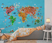 3D Map World Cartoon Animal Wall Mural Wallpaper SWW4486- Jess Art Decoration