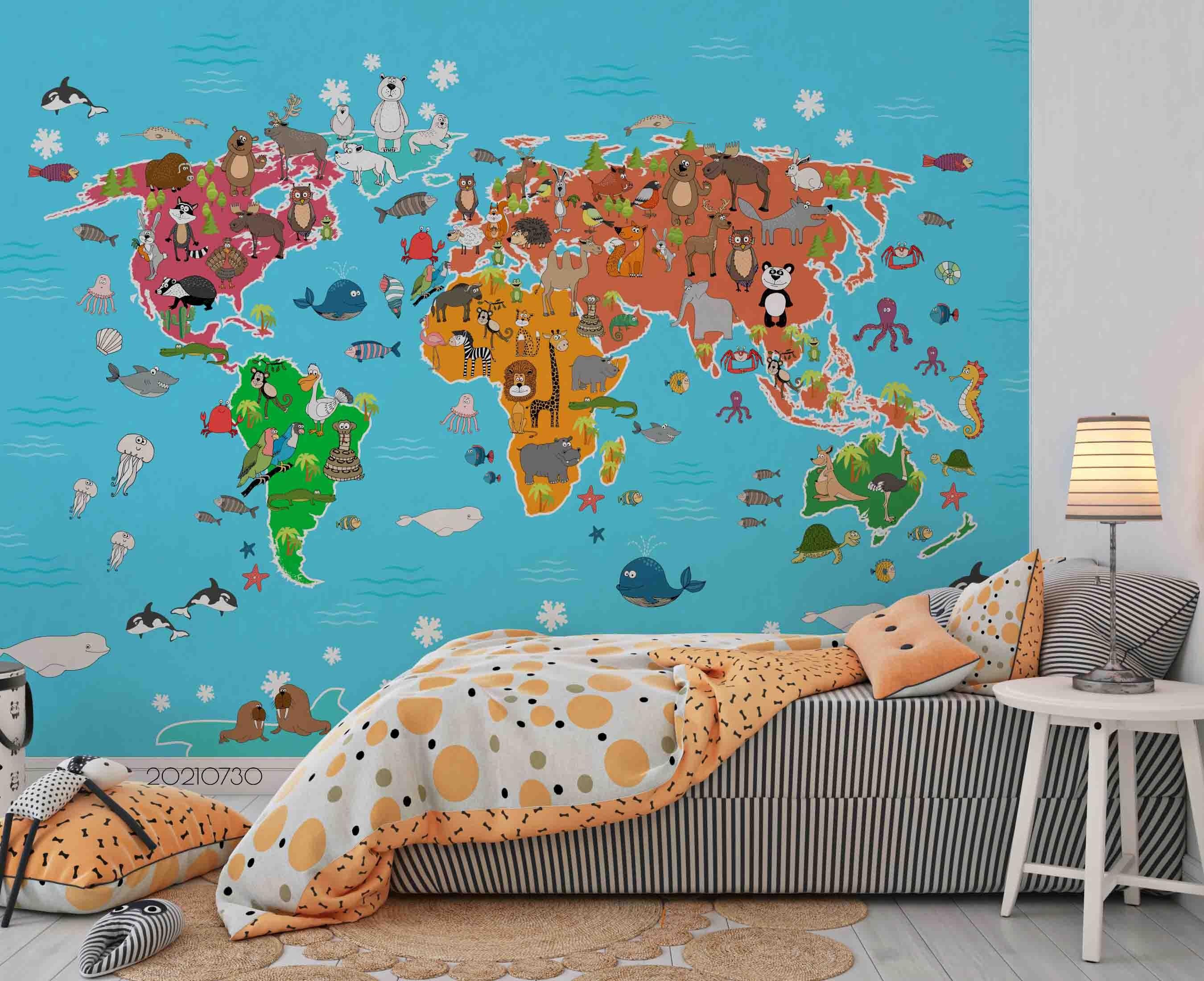 3D Map World Cartoon Animal Wall Mural Wallpaper SWW4486- Jess Art Decoration
