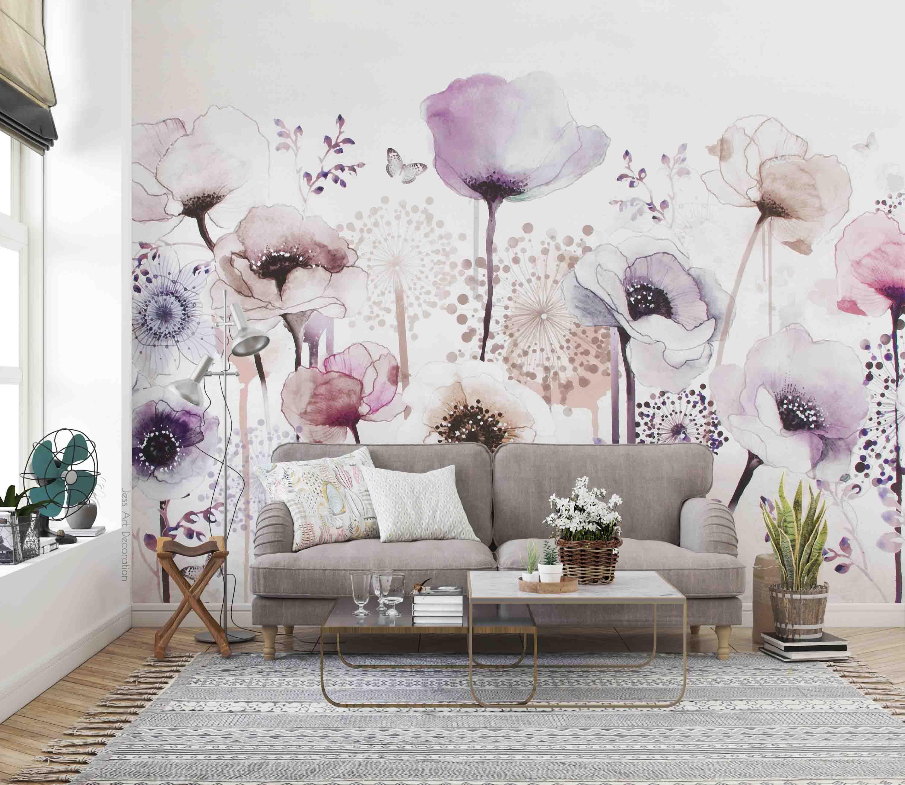 3D Purple Poppy Butterfly Watercolor Wall Mural Wallpaper GD 2808- Jess Art Decoration
