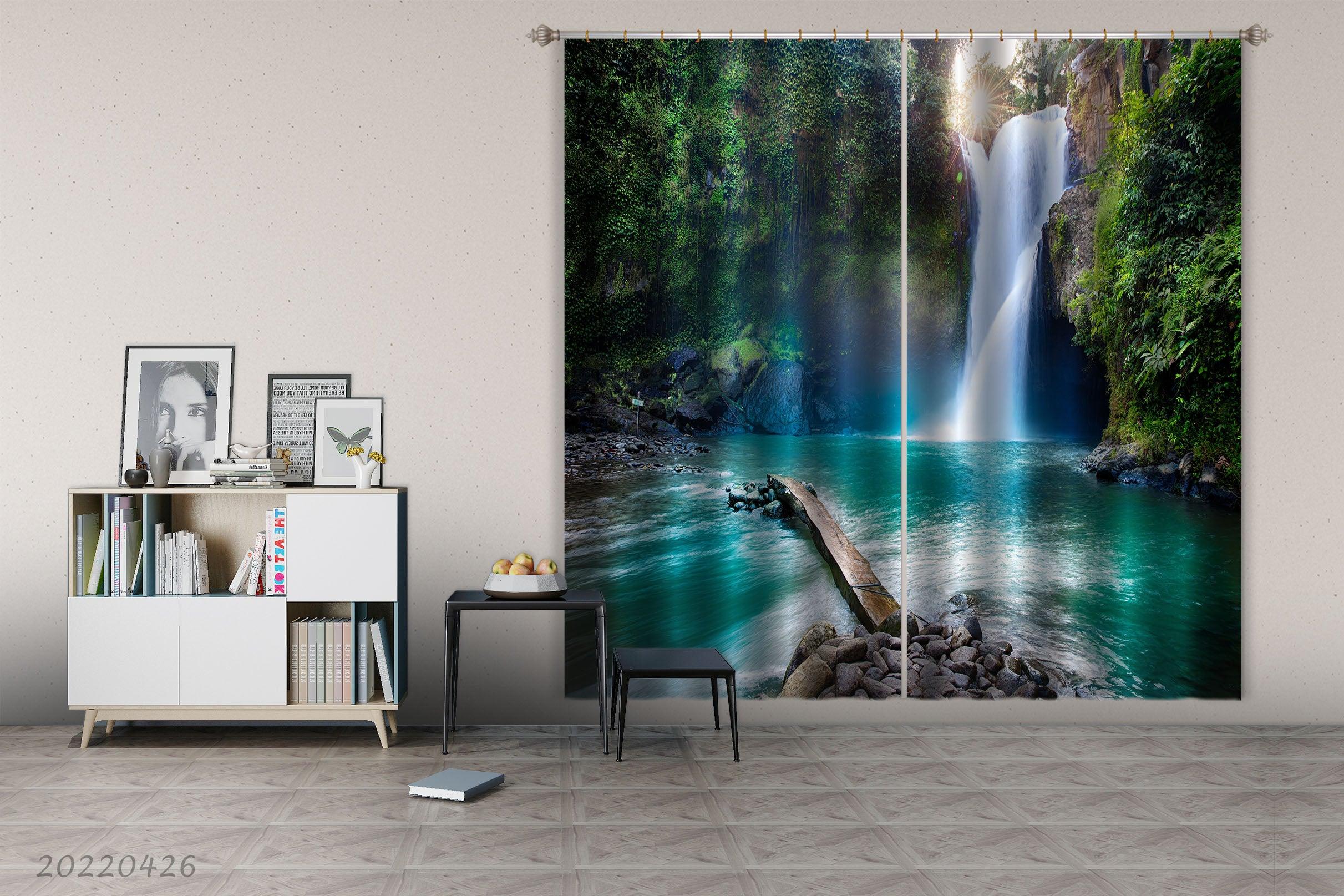 3D Landscape Mountain Waterfall River Tree Sun Curtains and Drapes GD 4907- Jess Art Decoration