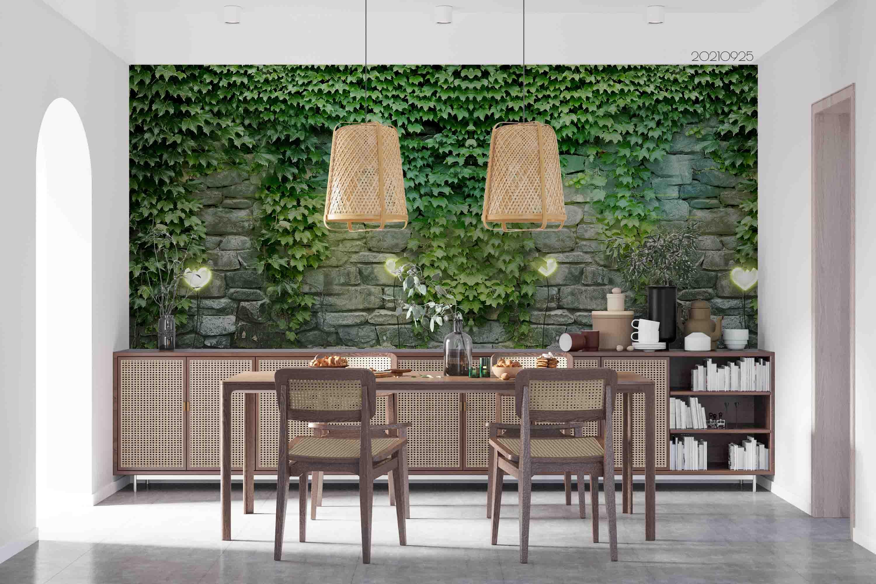 3D Stone Wall Green Plant Leaf Wall Mural Wallpaper LQH 263- Jess Art Decoration