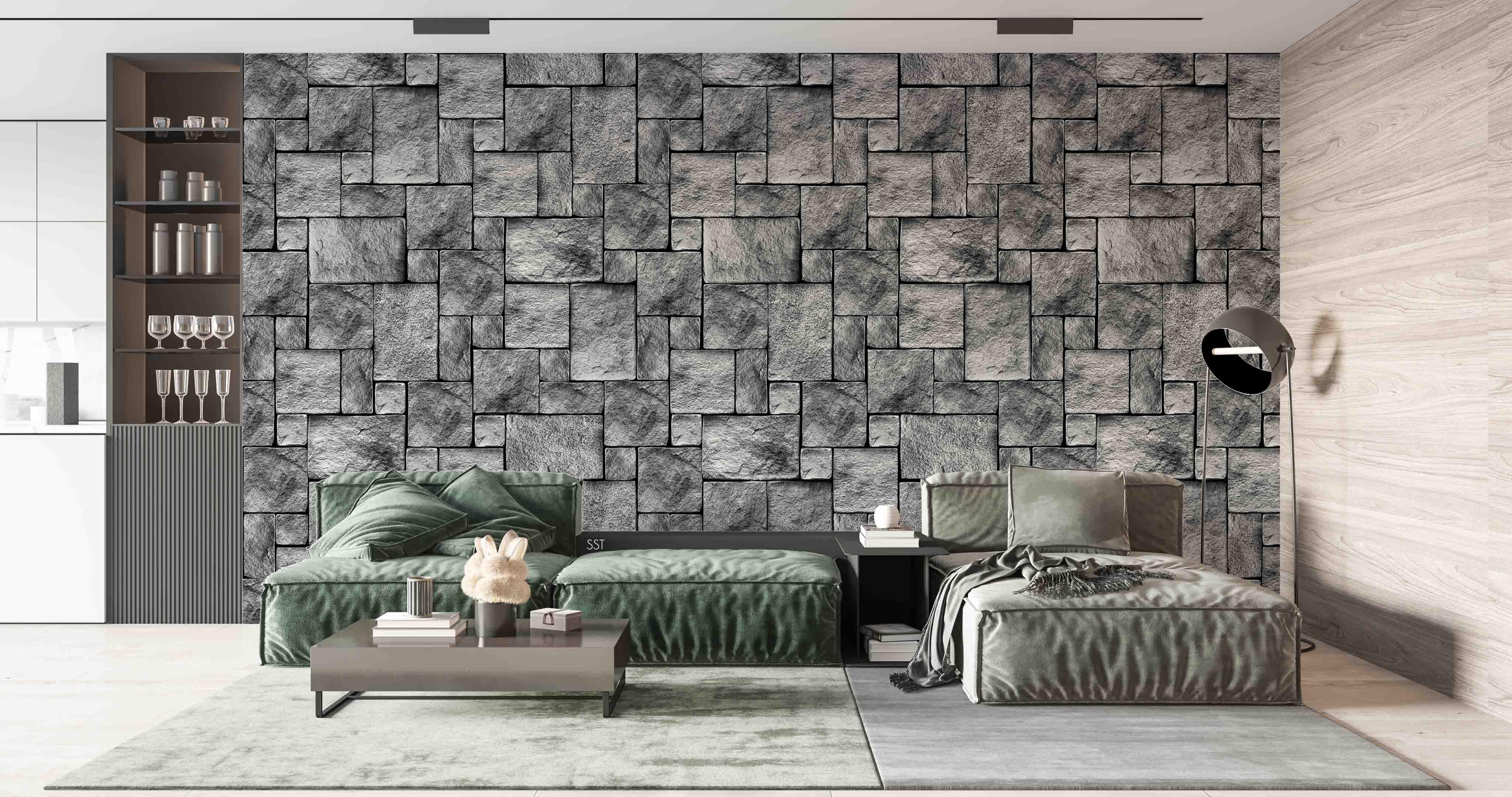 3D Square Stone Blocks grey square stone block texture wall mural wallpaper for dining room - view 4