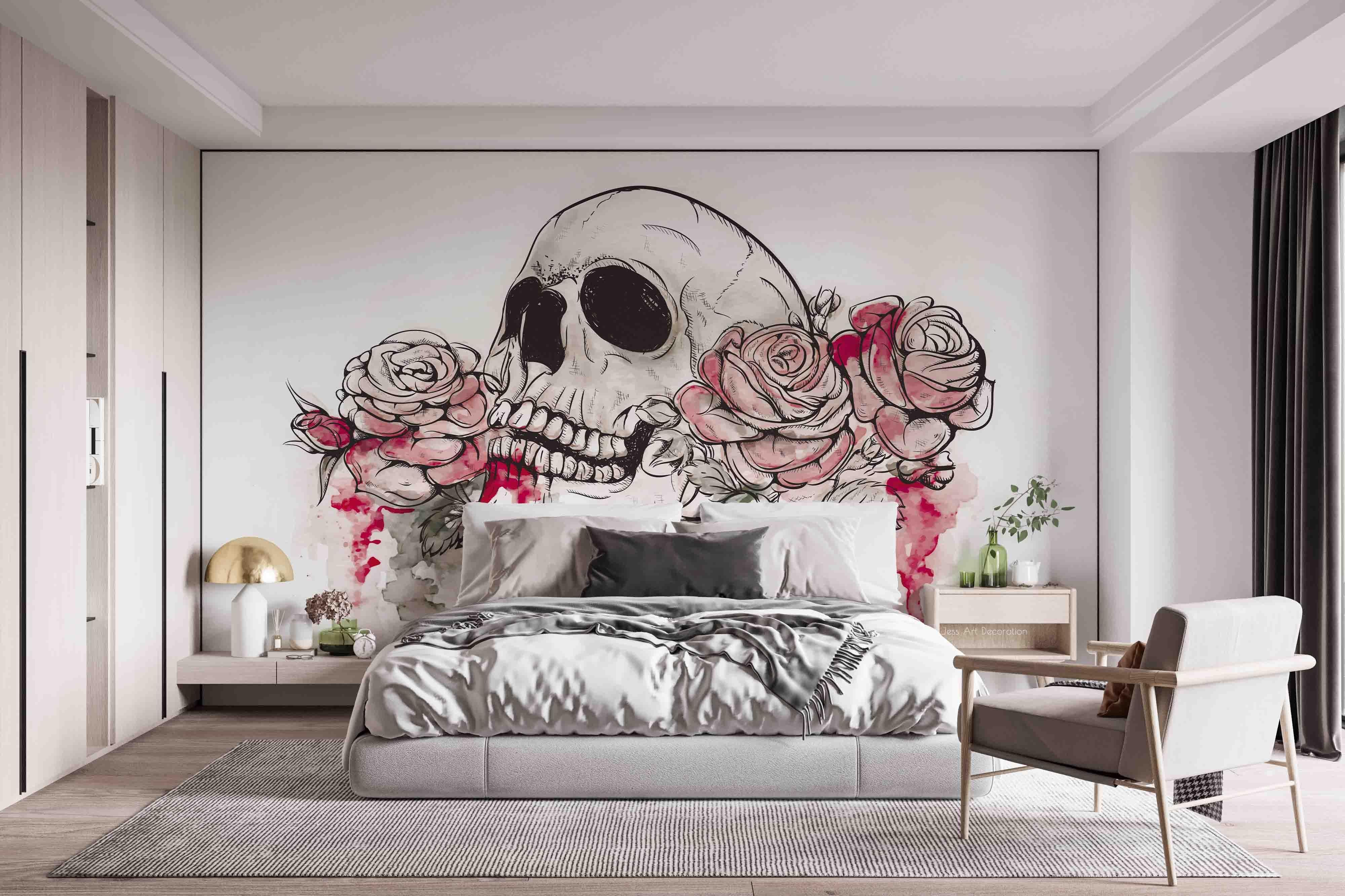3D Skull Rose skull and rose gothic mural wall mural wallpaper for bedroom