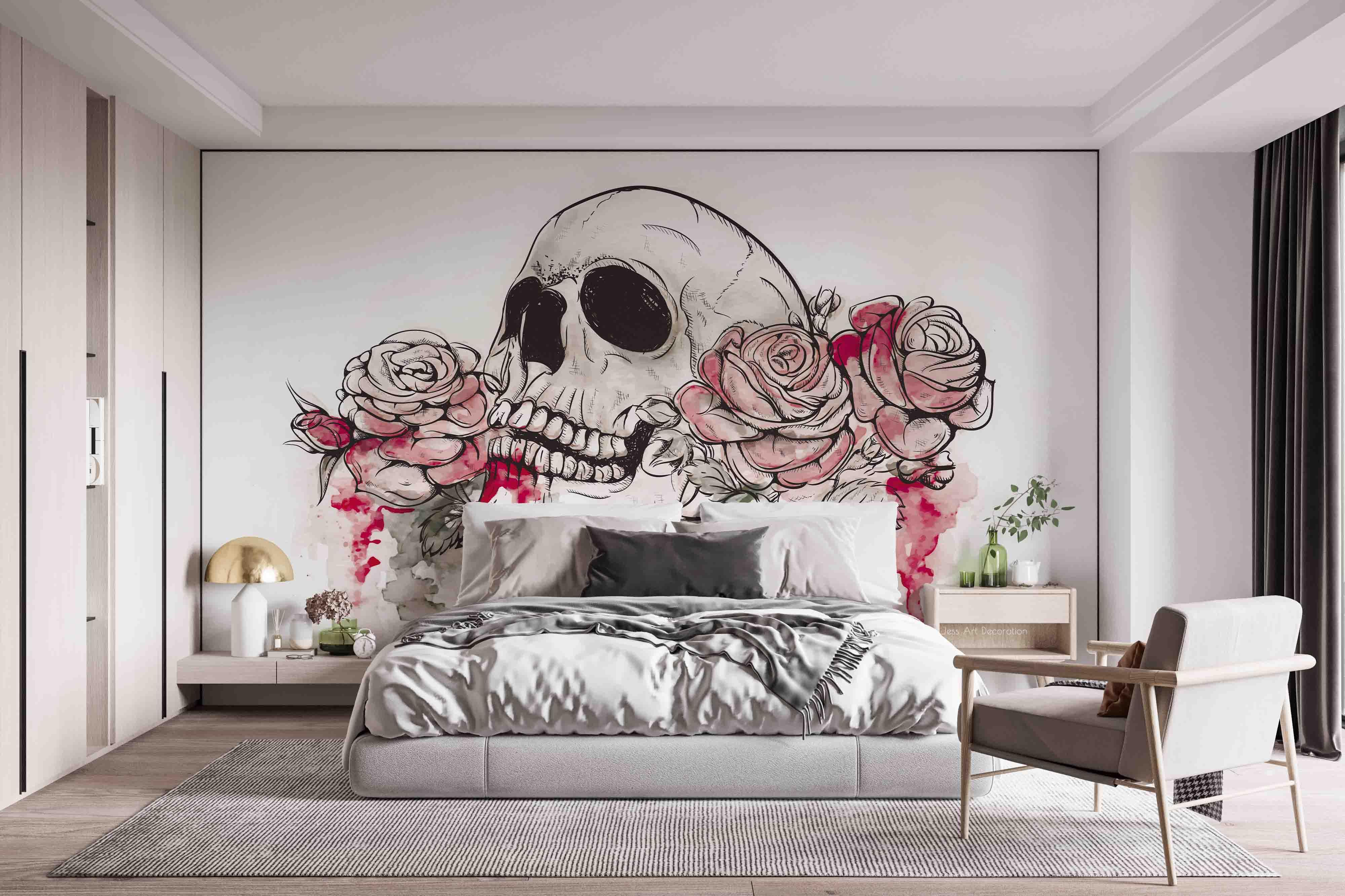 3D Skull Rose skull and rose gothic mural wall mural wallpaper for bedroom