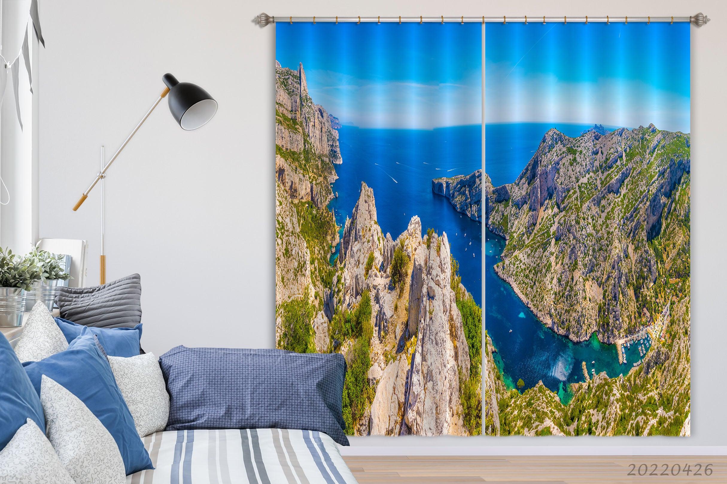 3D Landscape Mountain Peak Blue Sea Curtains and Drapes GD 4882- Jess Art Decoration