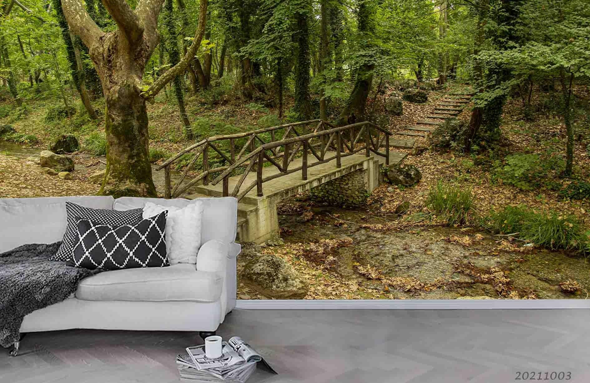 3D Landscape Green Forest Wooden Bridge Wall Mural Wallpaper LQH 479- Jess Art Decoration
