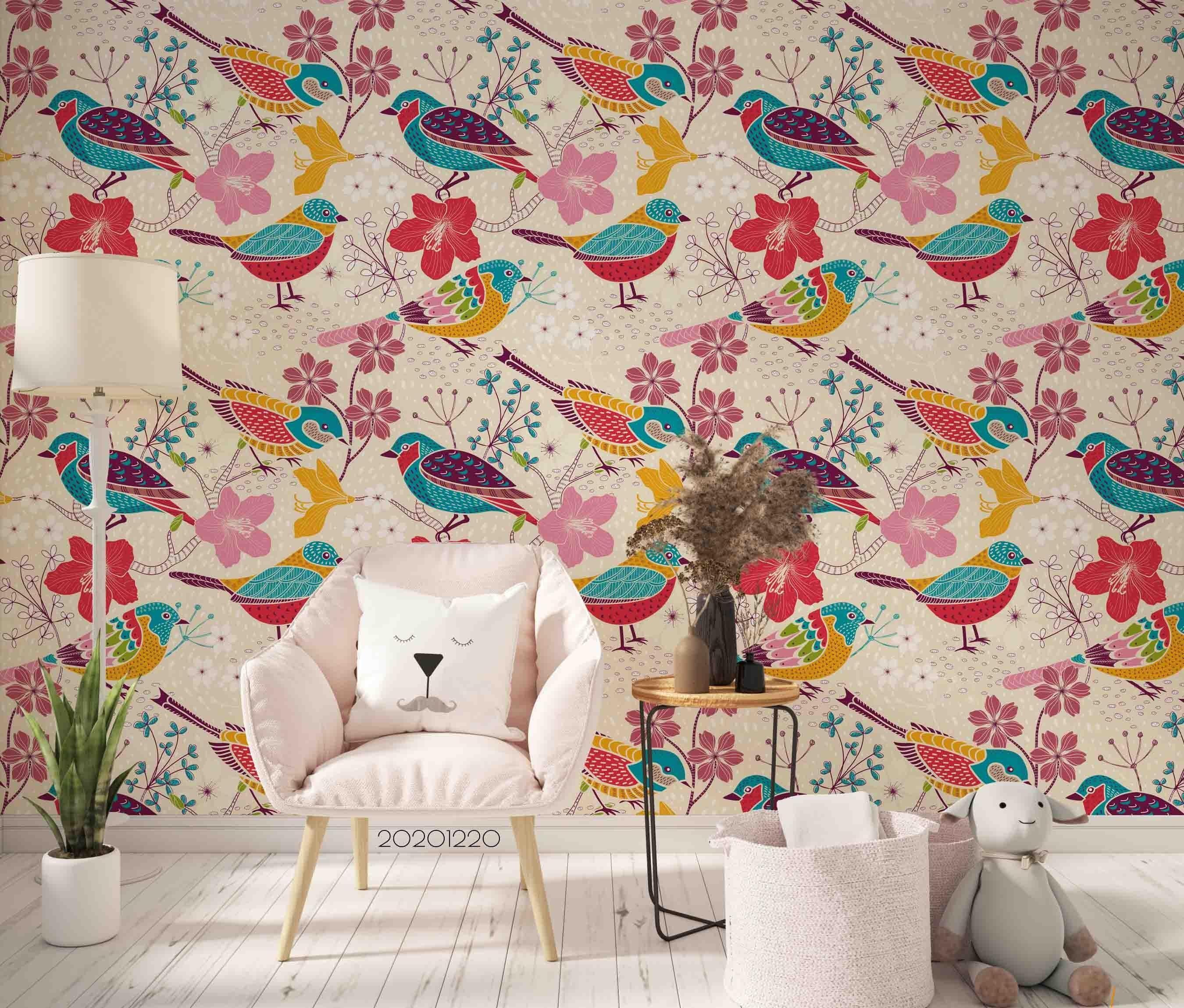 3D Hand Drawn Animal Color Bird Floral Wall Mural Wallpaper LQH 75- Jess Art Decoration