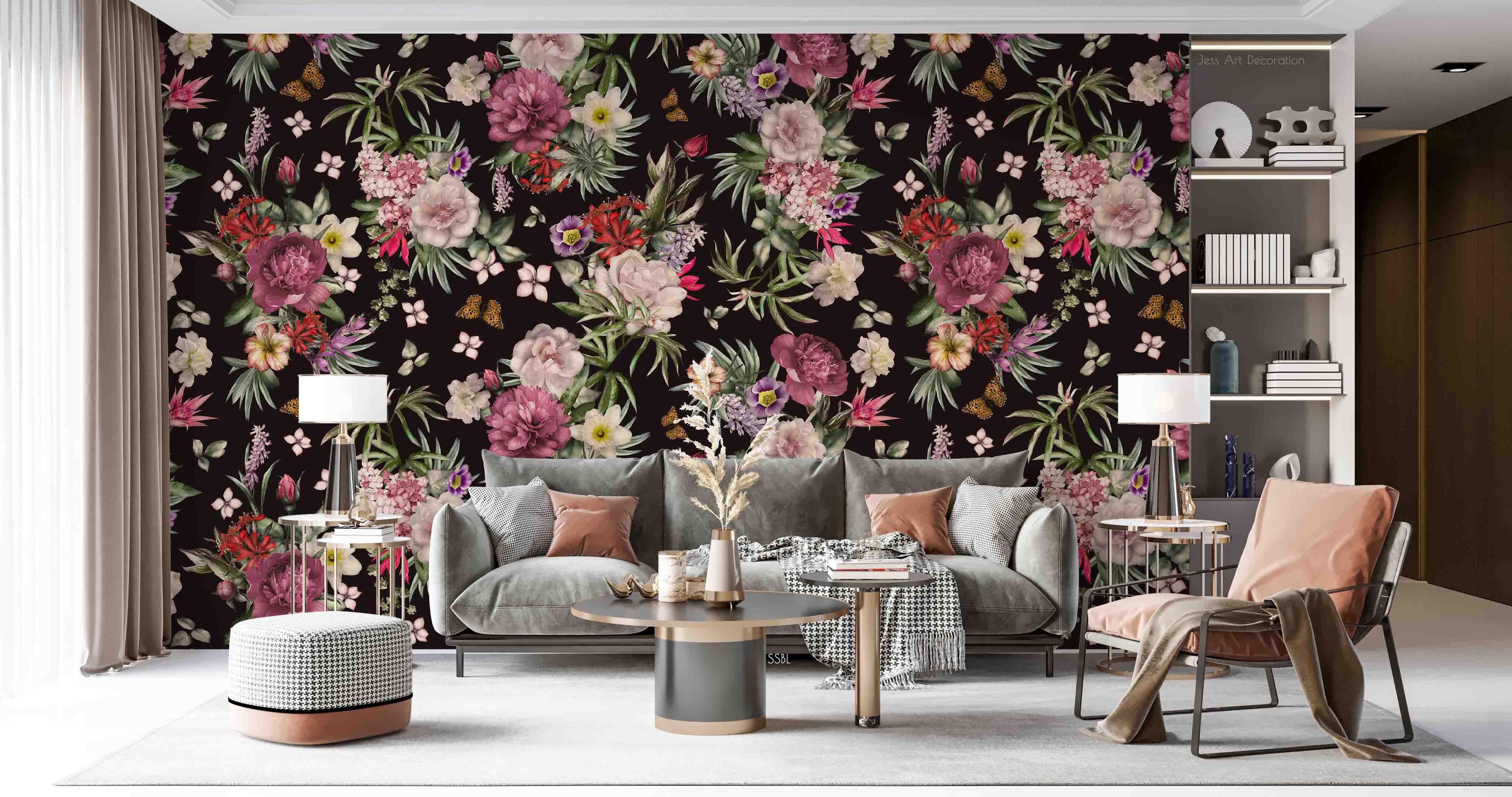 3D Vintage Baroque Art Flowers Black Background Wall Mural Wallpaper GD 3617- Jess Art Decoration