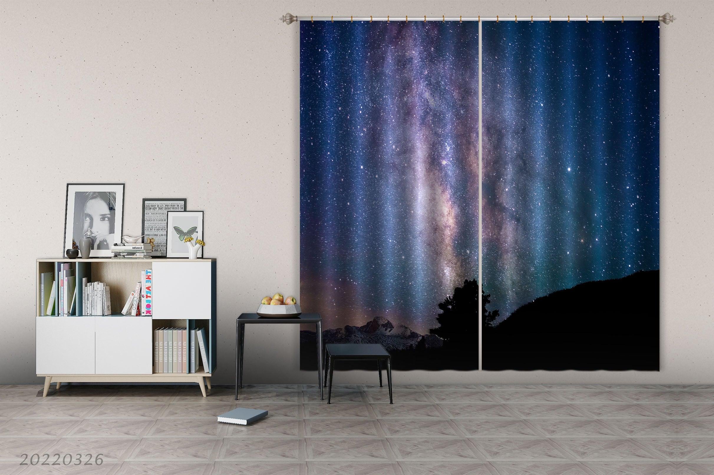 3D Nature Mountain Tree Silhouette Starry Sky Curtains and Drapes GD 2965- Jess Art Decoration
