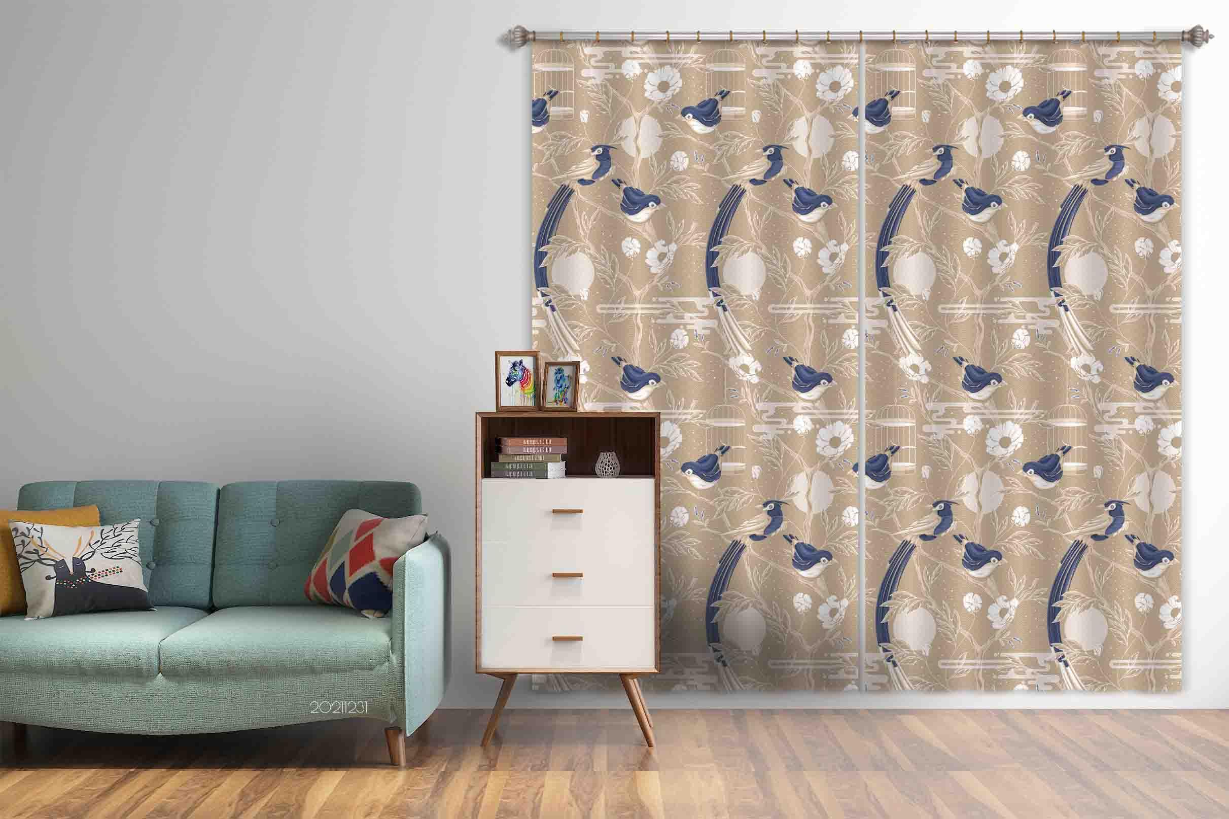3D Vintage Blue Bird Birdcage Pattern Curtains and Drapes GD 75- Jess Art Decoration