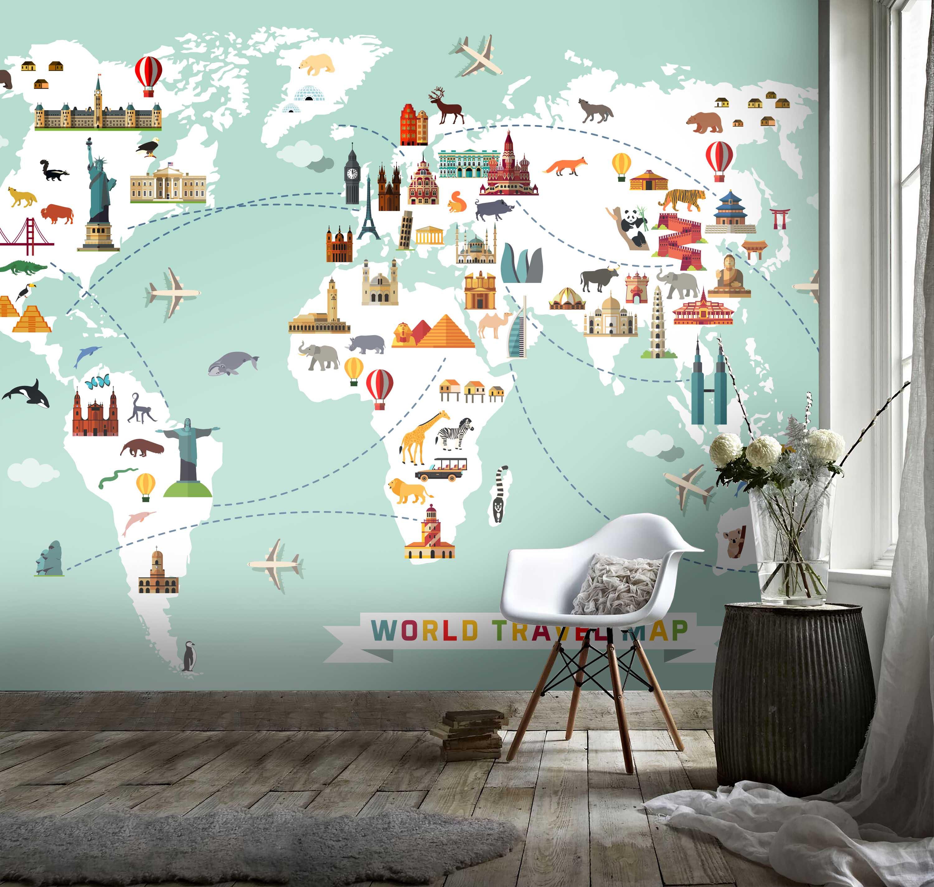 3D Hand Drawn World Map Cartoon Animals Historic Sites Vehicles Wall Mural Wallpaper GD 1799- Jess Art Decoration