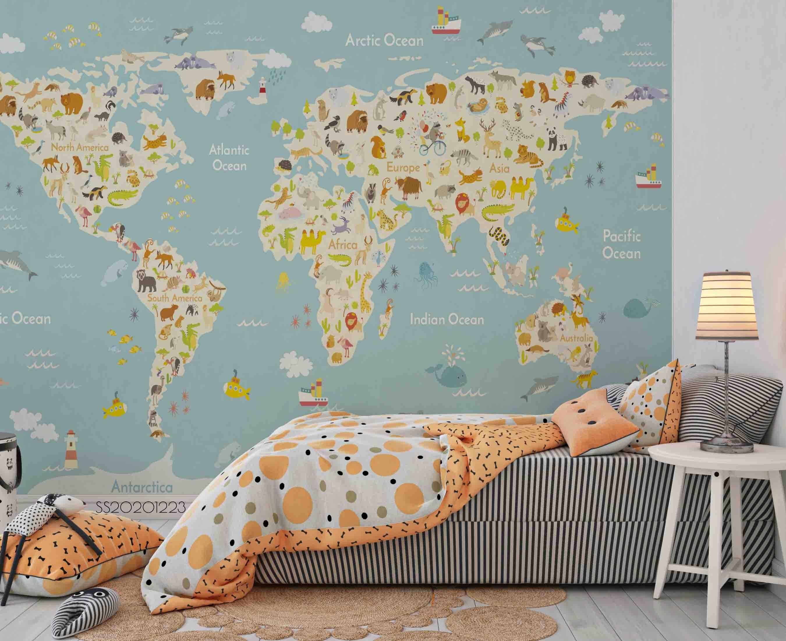 3D Cartoon World Map Wall Mural Wallpaper LQH 148- Jess Art Decoration
