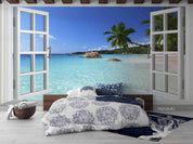 3D Window Sea View Beach Coconut Ttrees Wall Mural Wallpaper 5134- Jess Art Decoration