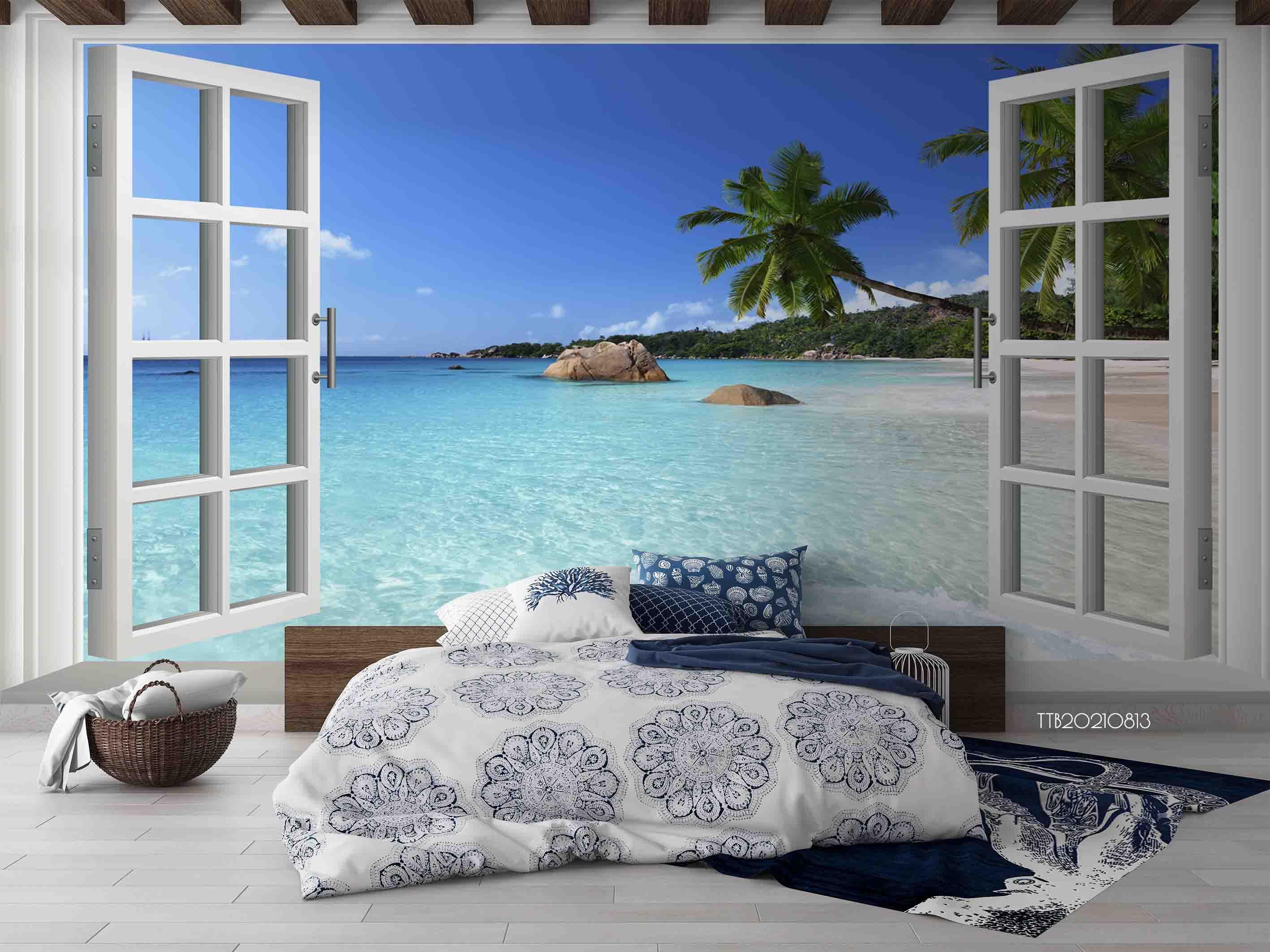 3D Window Sea View Beach Coconut Ttrees Wall Mural Wallpaper 5134- Jess Art Decoration