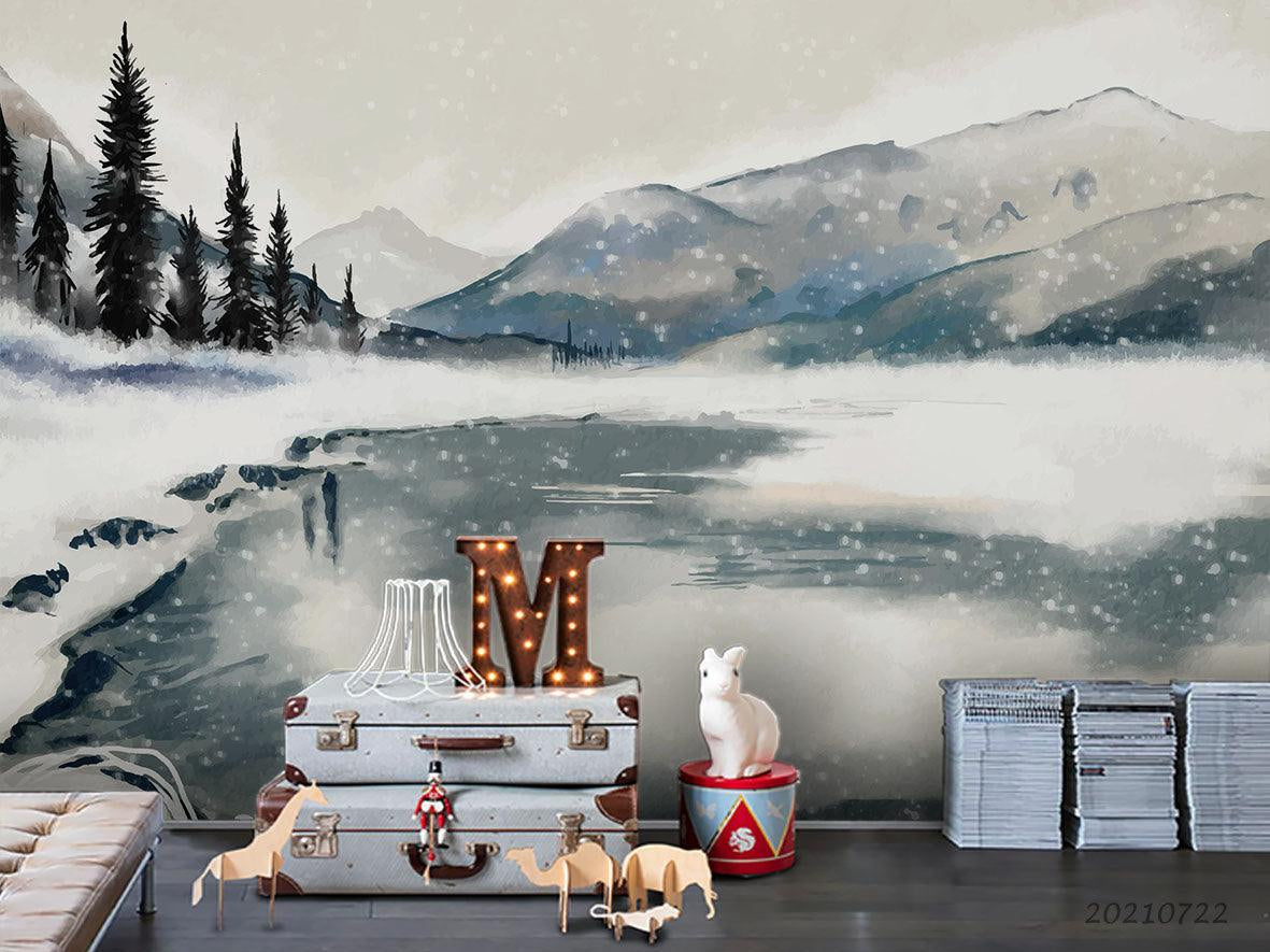 3D Watercolor Winter Mountain Forest Landscape Wall Mural Wallpaper LQH 342- Jess Art Decoration