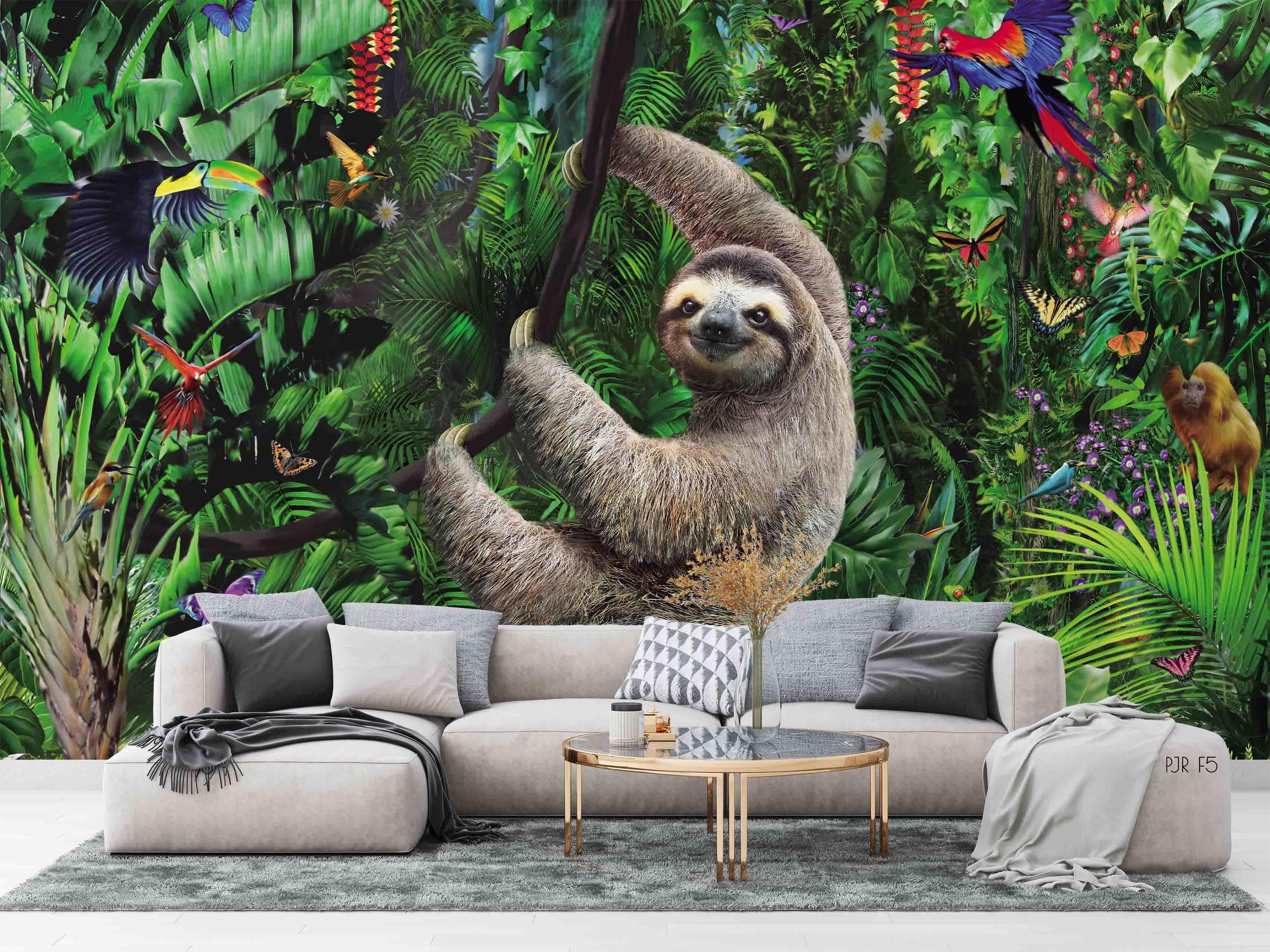 3D Sloth Jungle Animal playful sloth jungle scene wall mural wallpaper for kids room - view 8