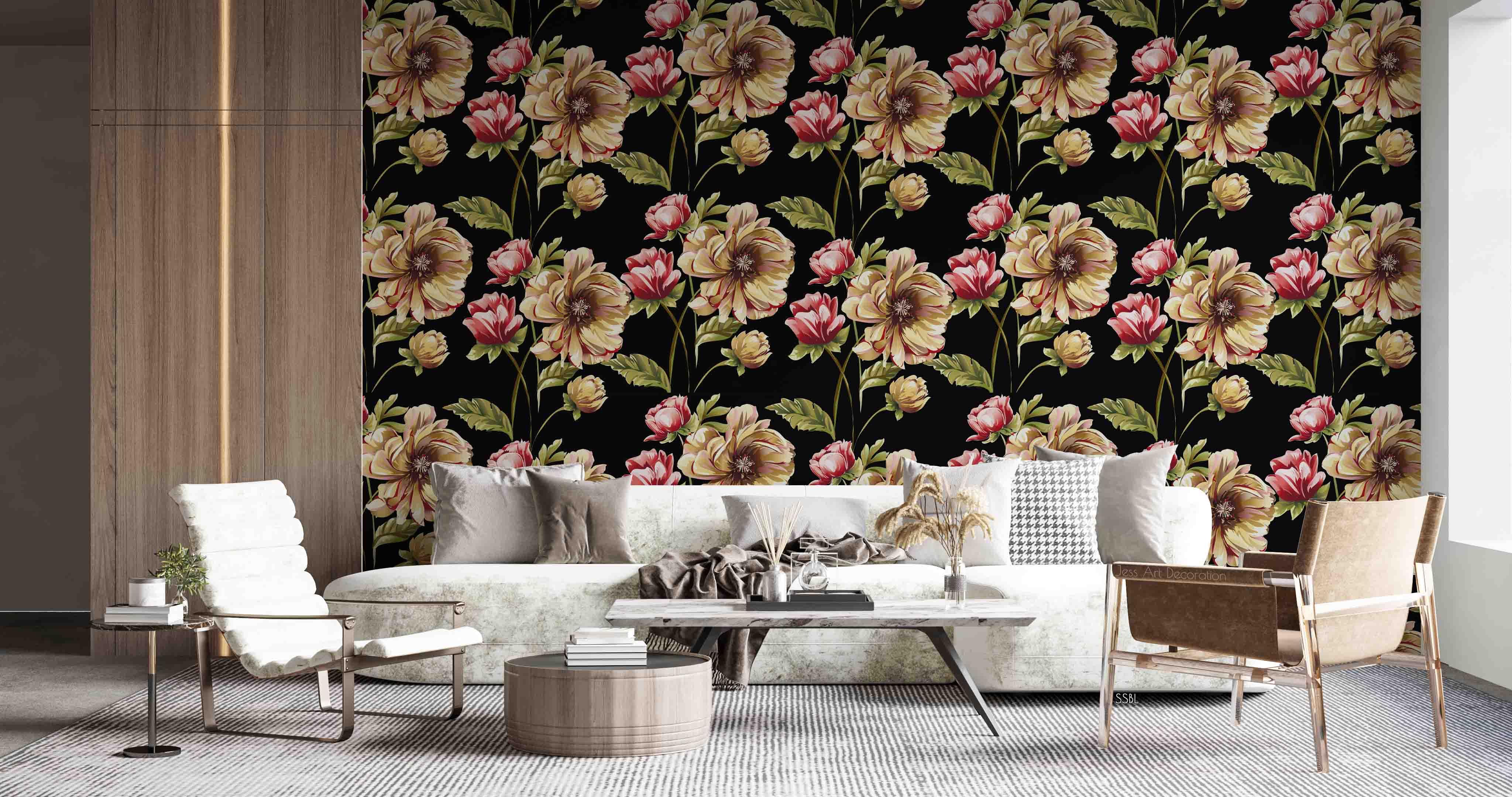 3D Vintage Baroque Art Blooming Peony Black Background Wall Mural Wallpaper GD 3633- Jess Art Decoration