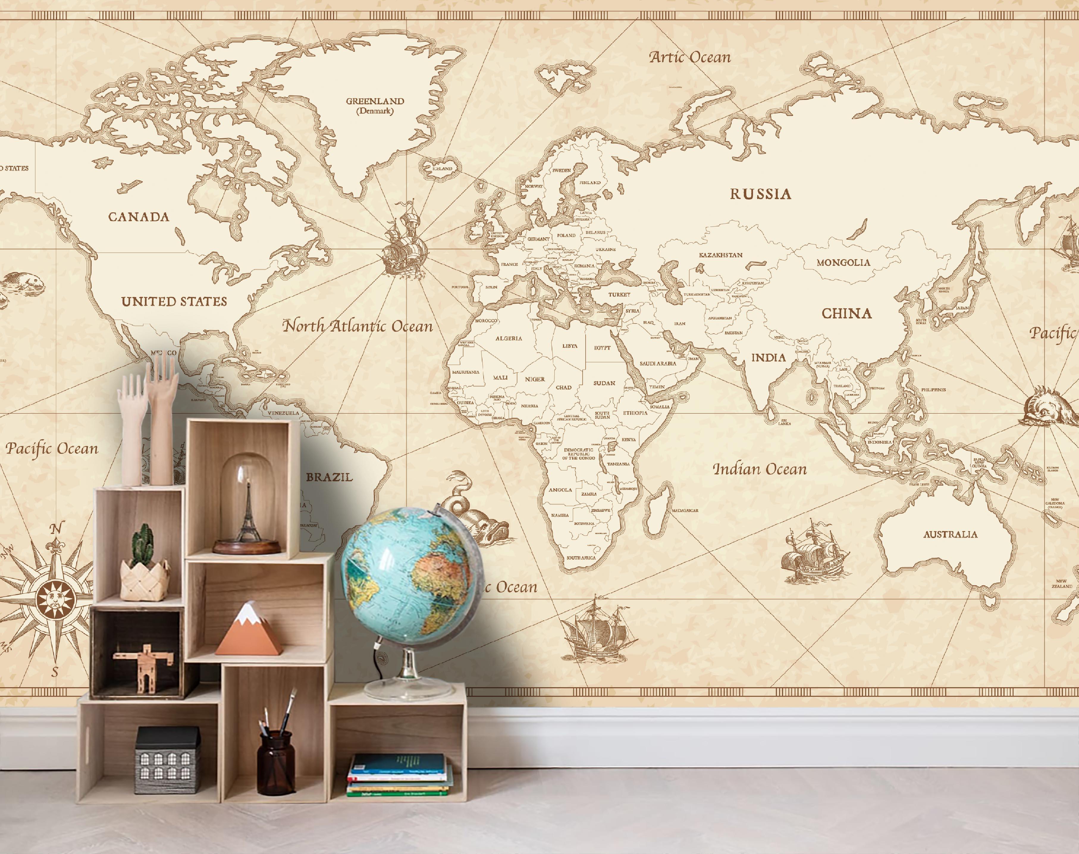 3D Retro World Map Wall Mural Wallpaper LQH 16- Jess Art Decoration