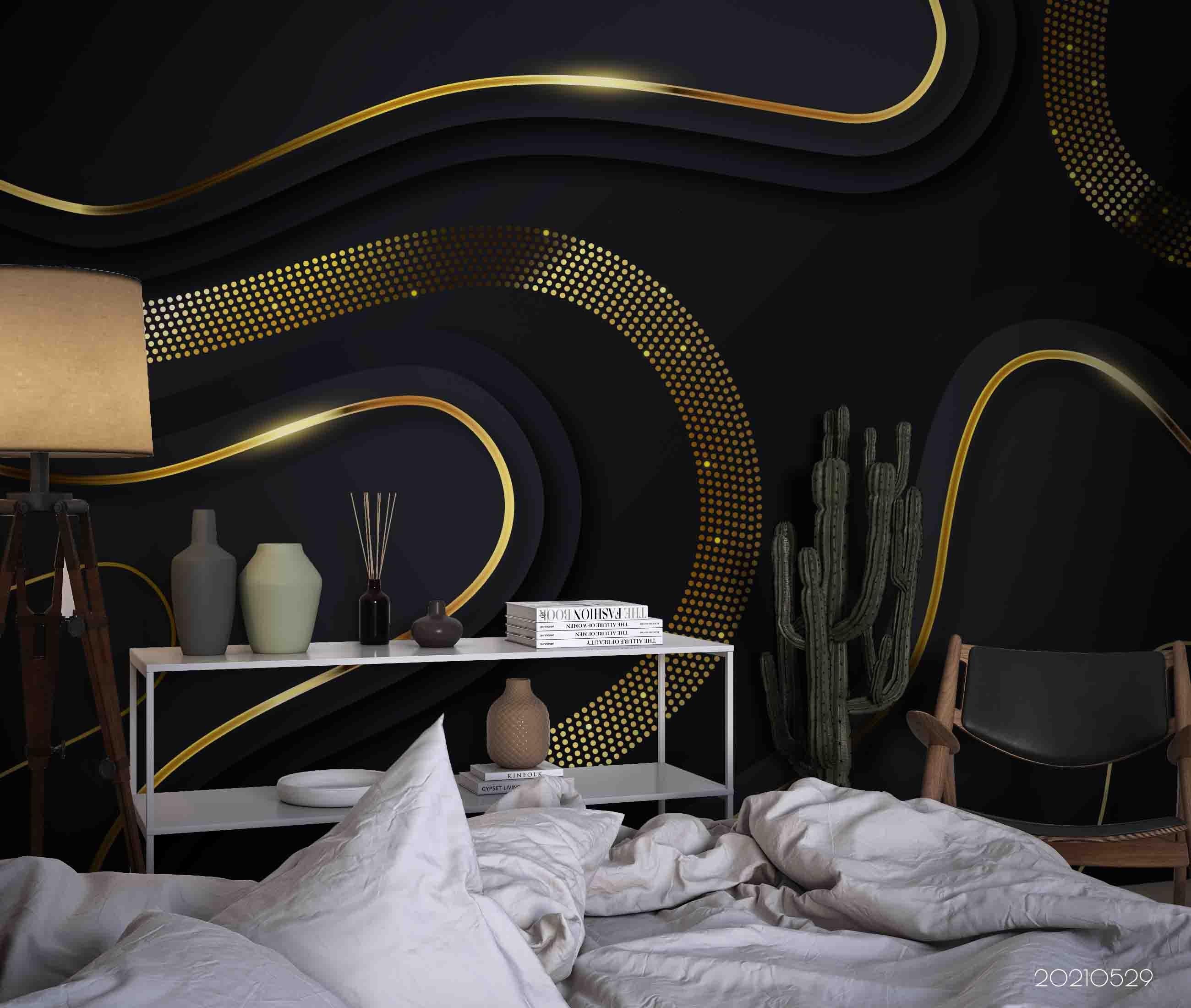 3D Winding Golden Lines Black Background Wall Mural Wallpaper SWW555- Jess Art Decoration