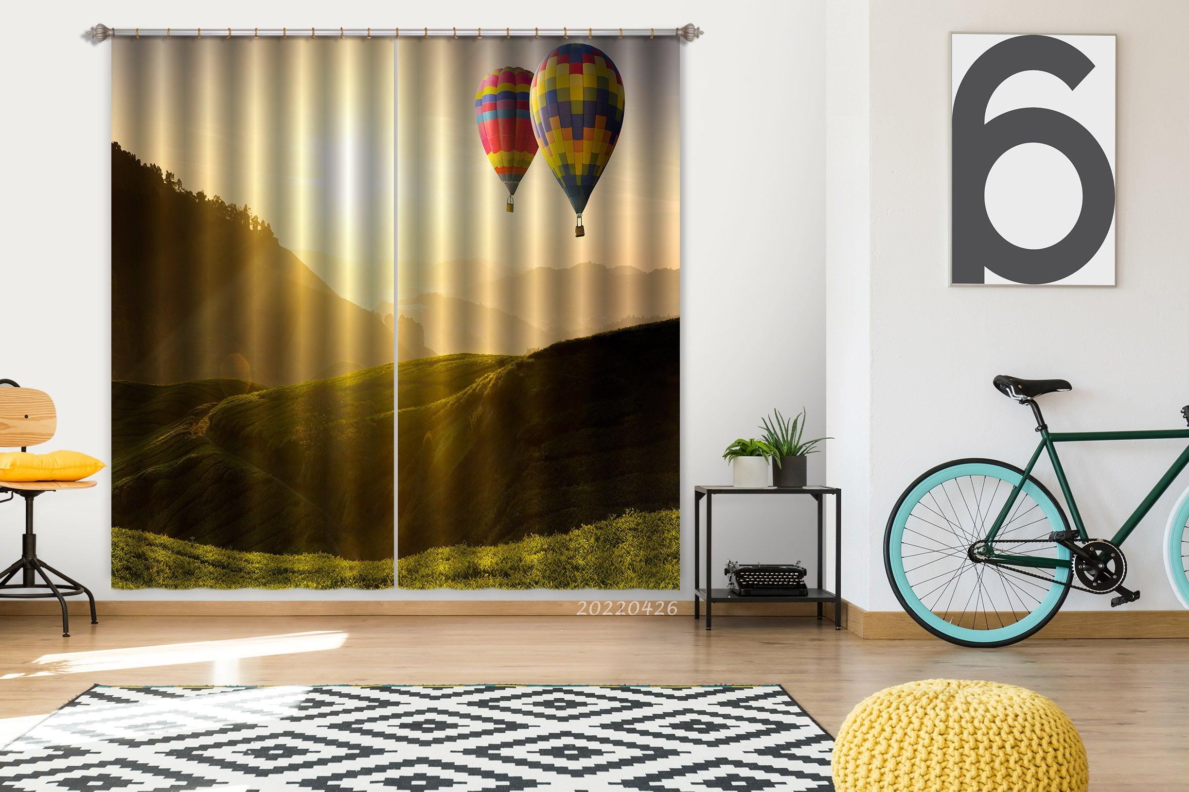 3D Landscape Mountain Green Plant Sunset Hot Air Balloon Curtains and Drapes GD 4911- Jess Art Decoration