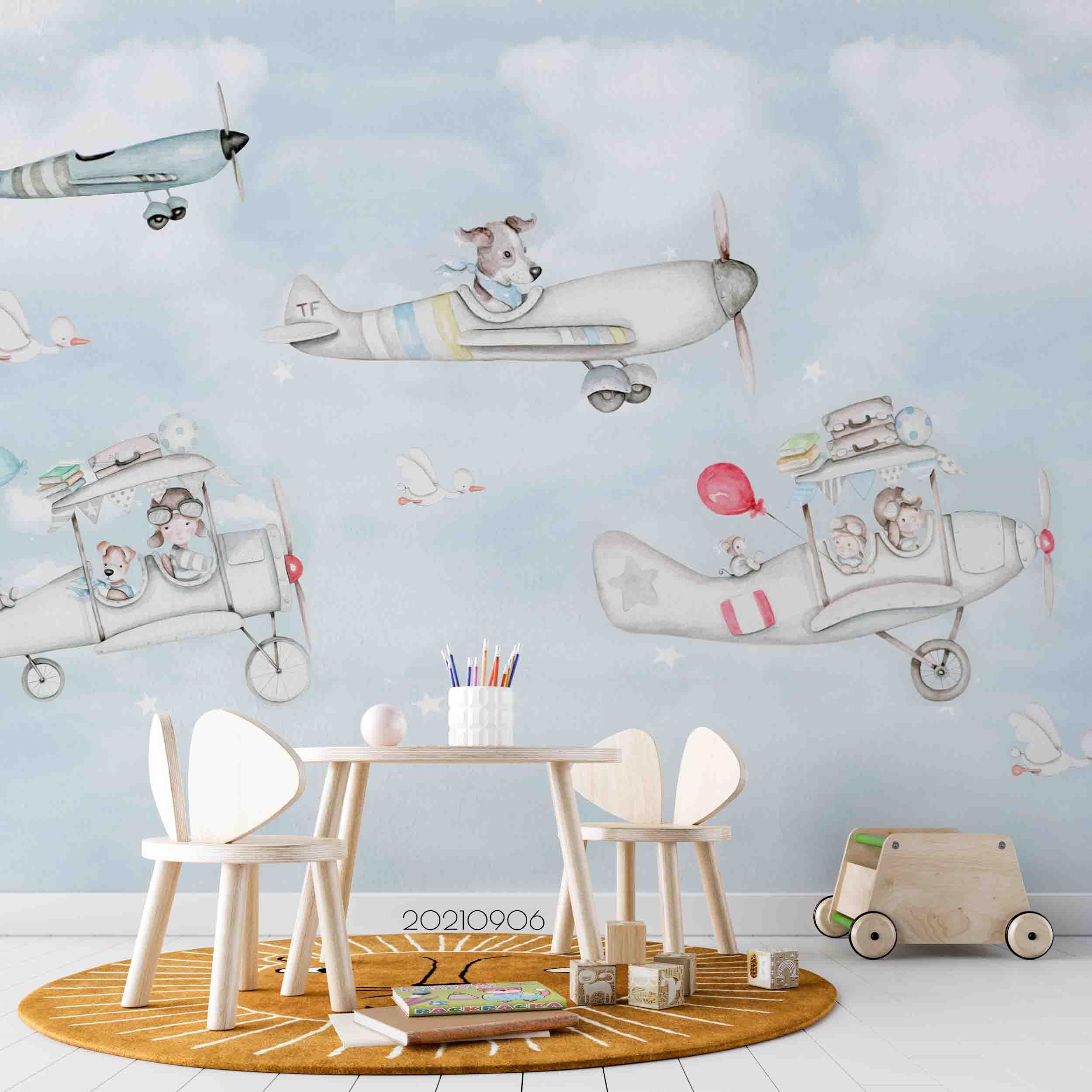 3D Cartoon Sky Cloud Airplane Wall Mural Wallpaper LQH 583- Jess Art Decoration