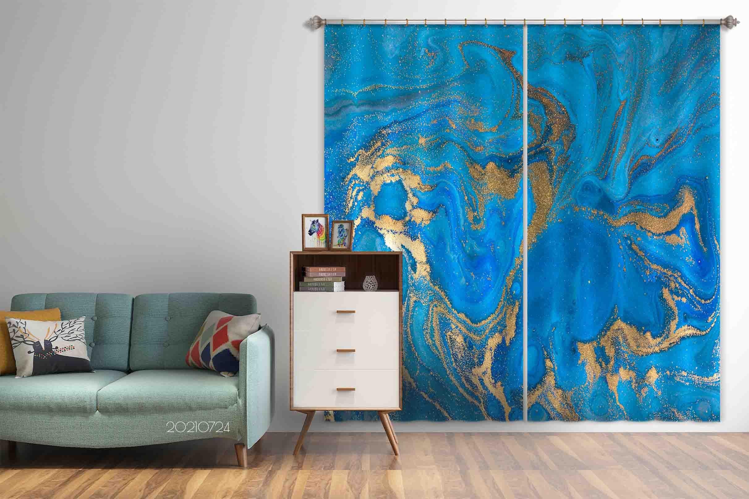 3D Watercolor Blue Marble Texture Curtains and Drapes LQH 32- Jess Art Decoration