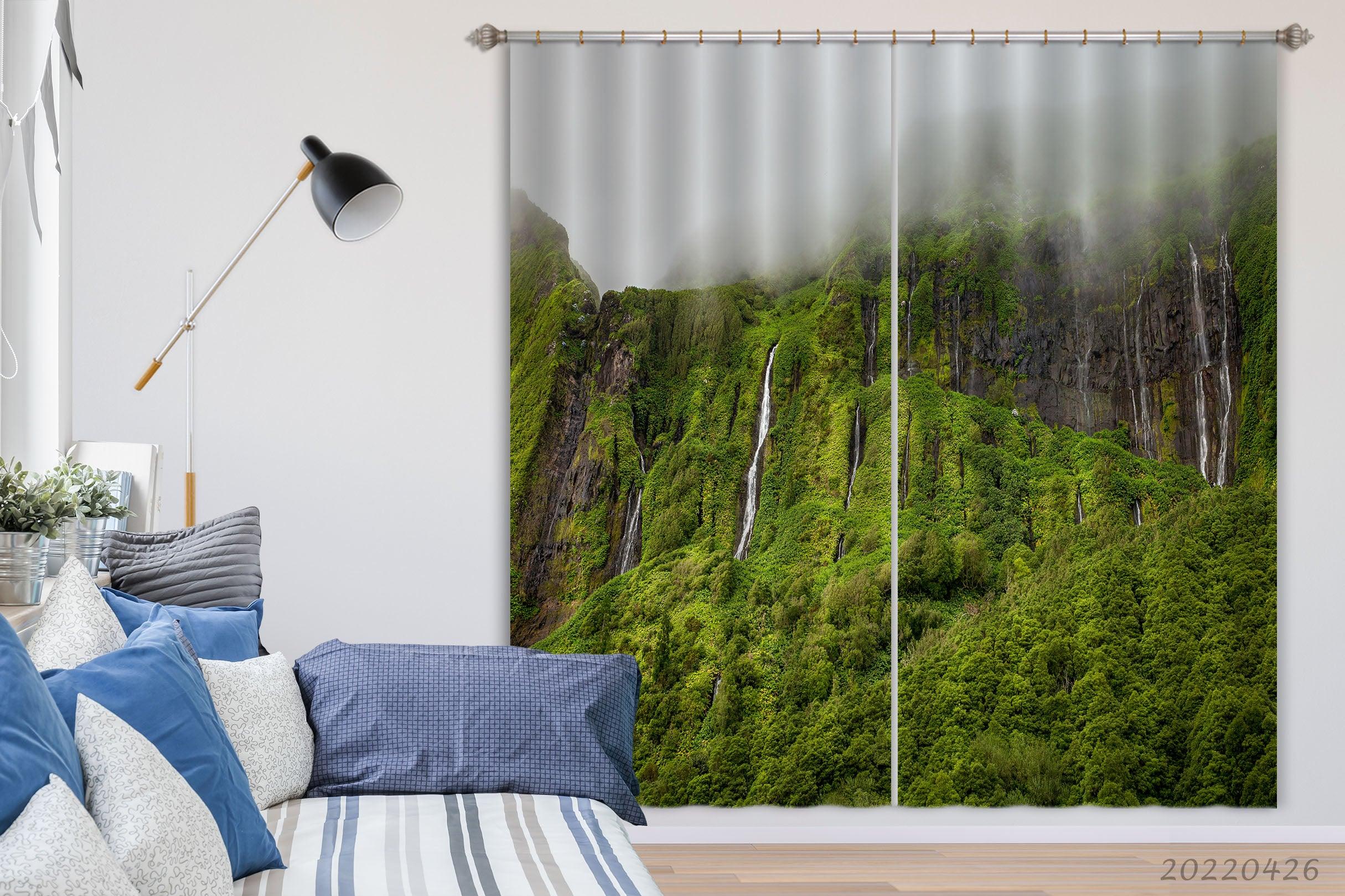 3D Landscape Mountain Waterfall Forest Green Trees Misty Curtains and Drapes GD 4861- Jess Art Decoration