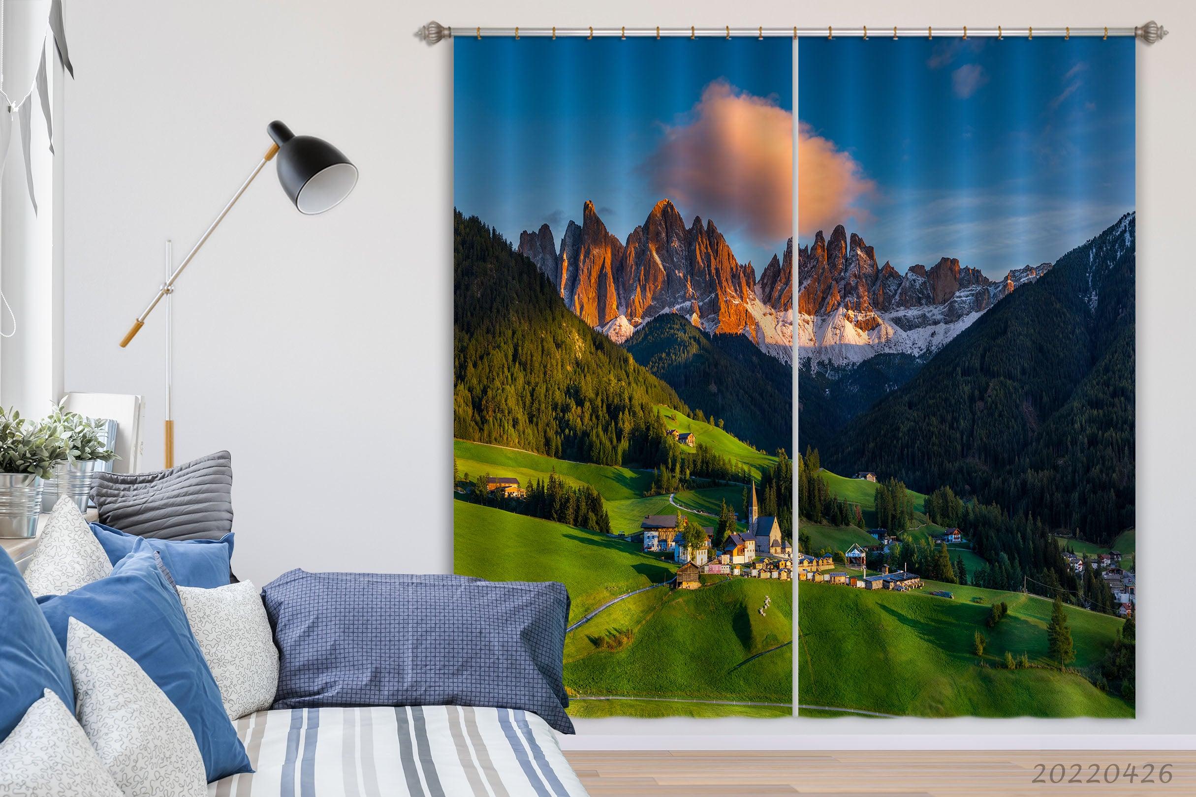 3D Landscape Mountain Green Woods Meadow Town Curtains and Drapes GD 4864- Jess Art Decoration