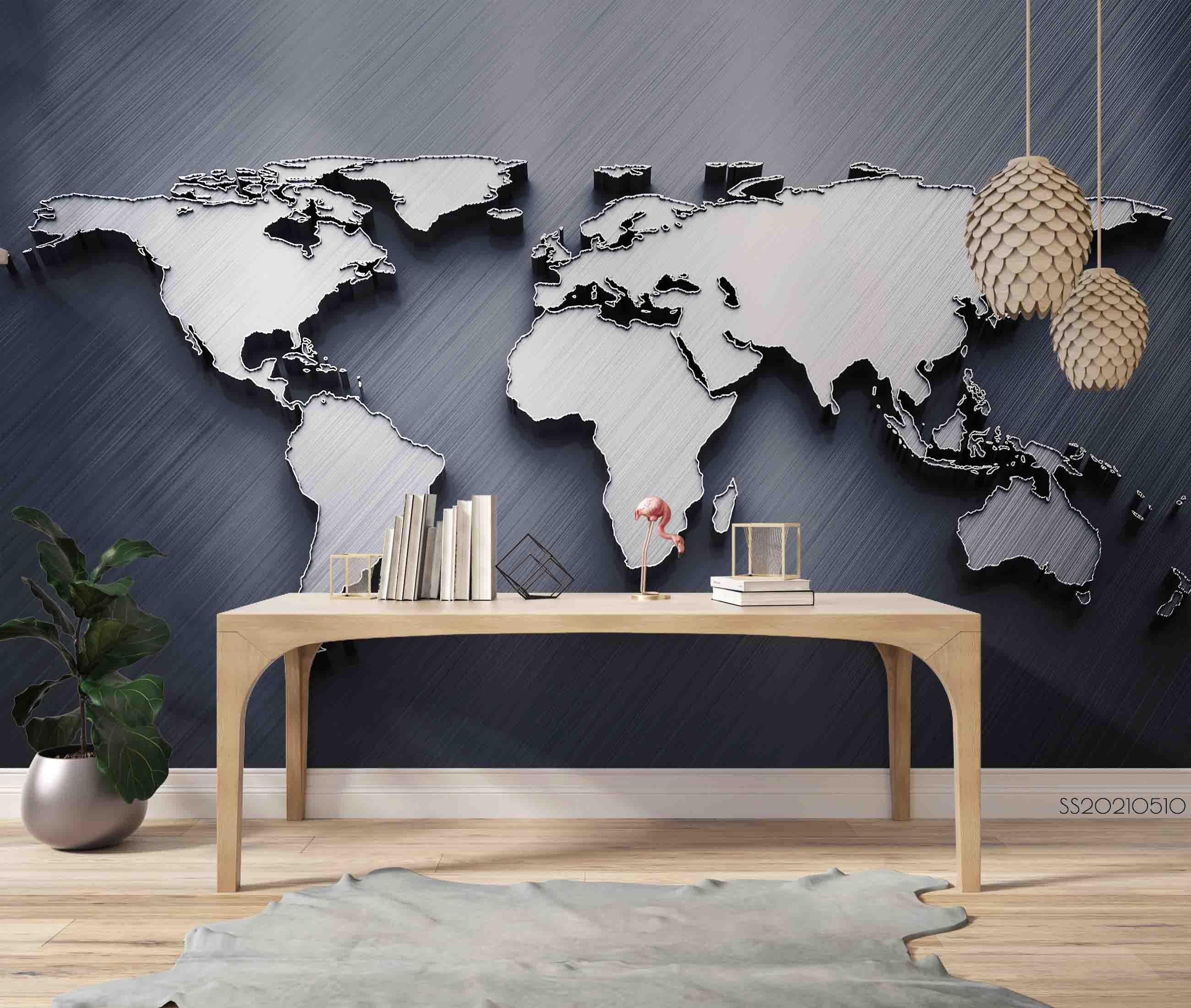 3D Grey World Map Wall Mural Wallpaper LQH 267- Jess Art Decoration