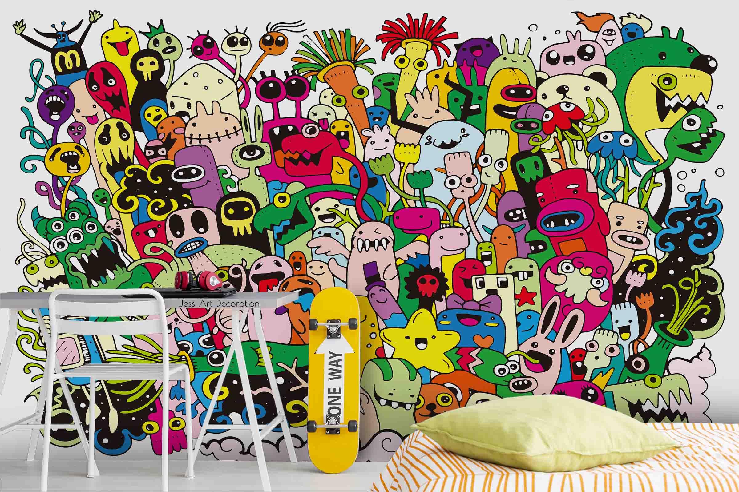 3D Colourful Monster Doodle colourful monster doodle collage wall mural wallpaper for playroom - view 4