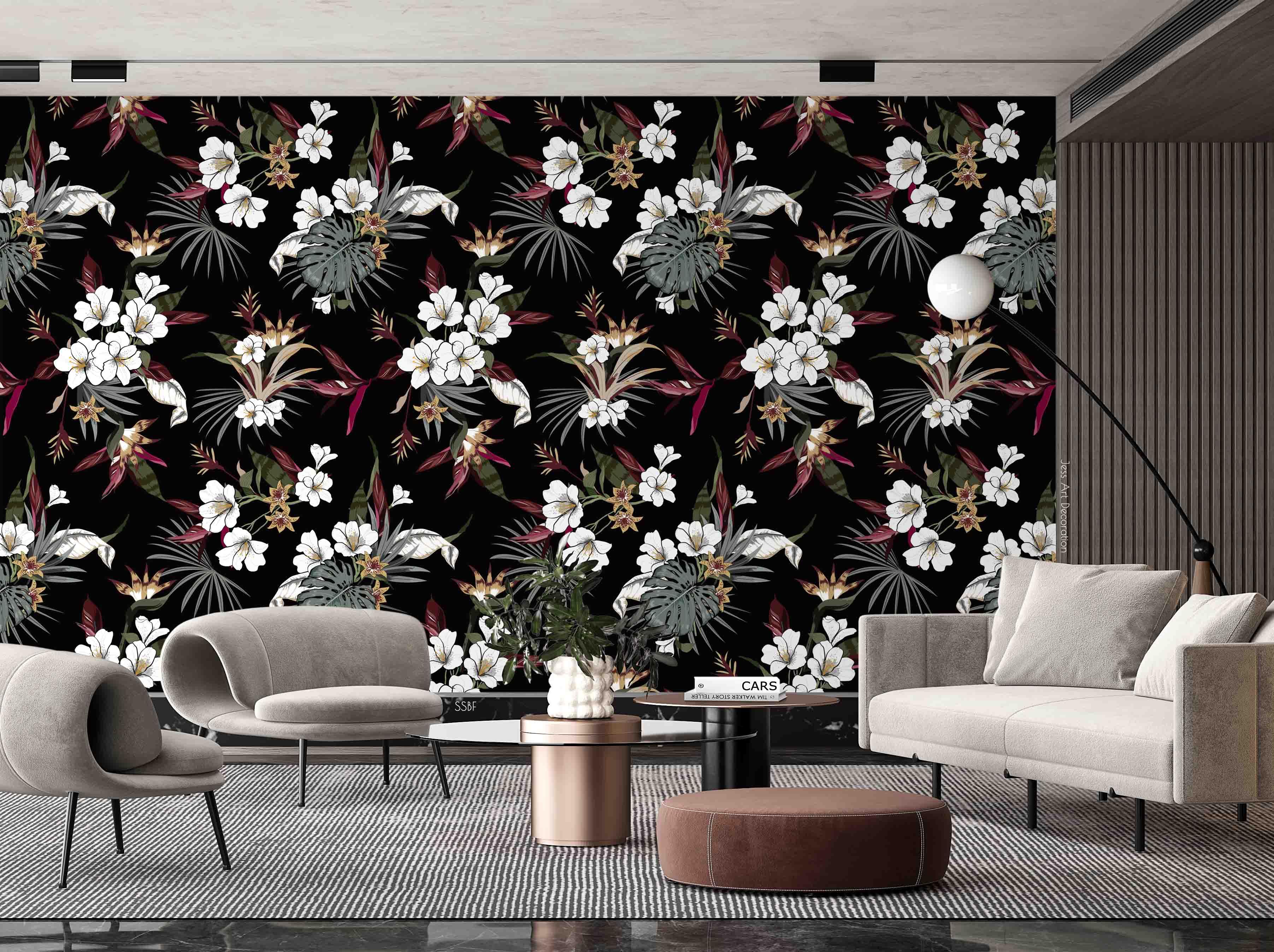 3D Vintage White Flowers Green Leaves Black Background Wall Mural Wallpaper GD 3599- Jess Art Decoration
