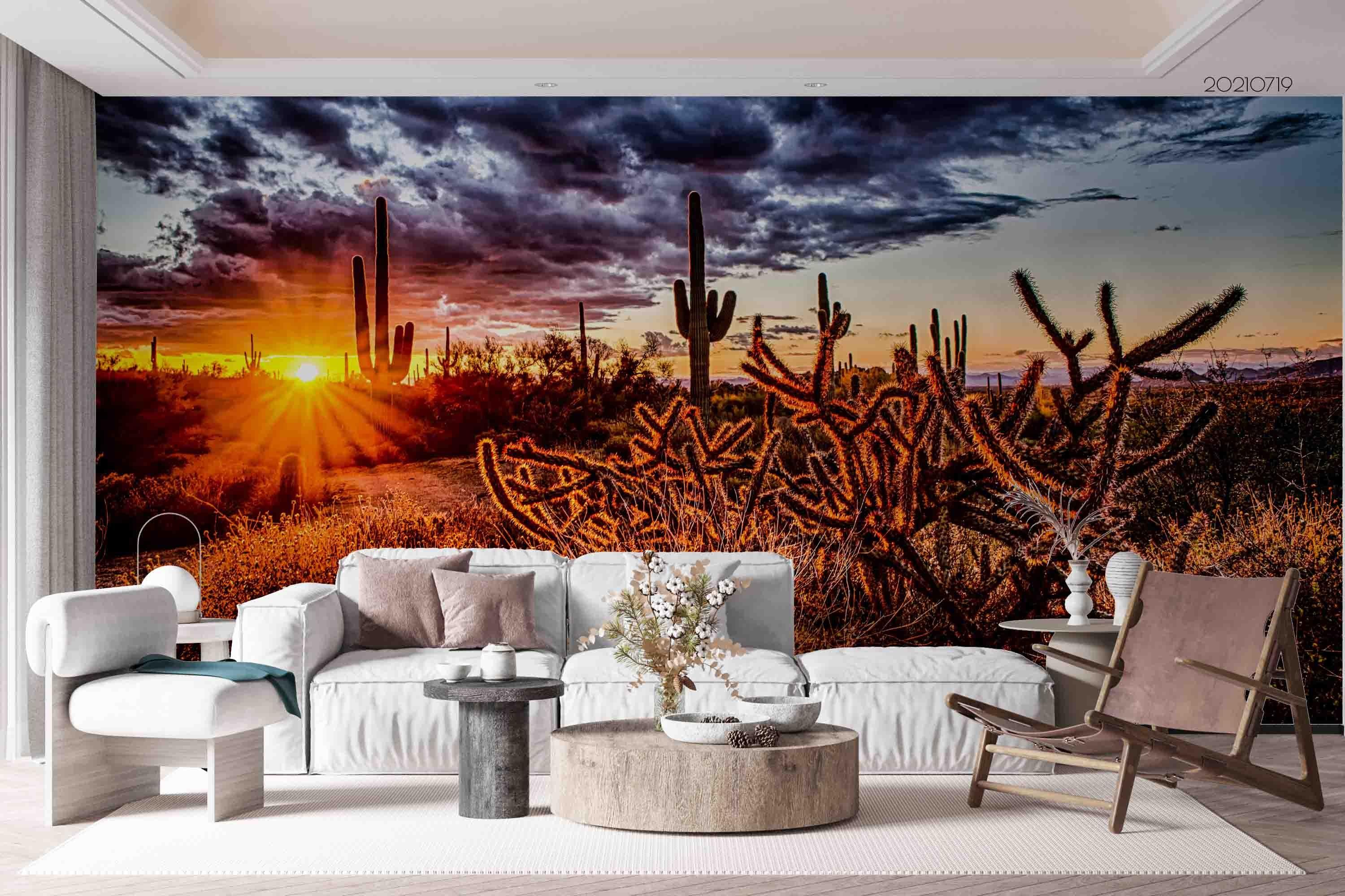 3D Gobi Desert Cactus Setting Sun Wall Mural Wallpaper SWW3062- Jess Art Decoration