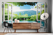 3D Window Green Mountain Plant Tree Scenery Wall Mural Wallpaper LXL- Jess Art Decoration