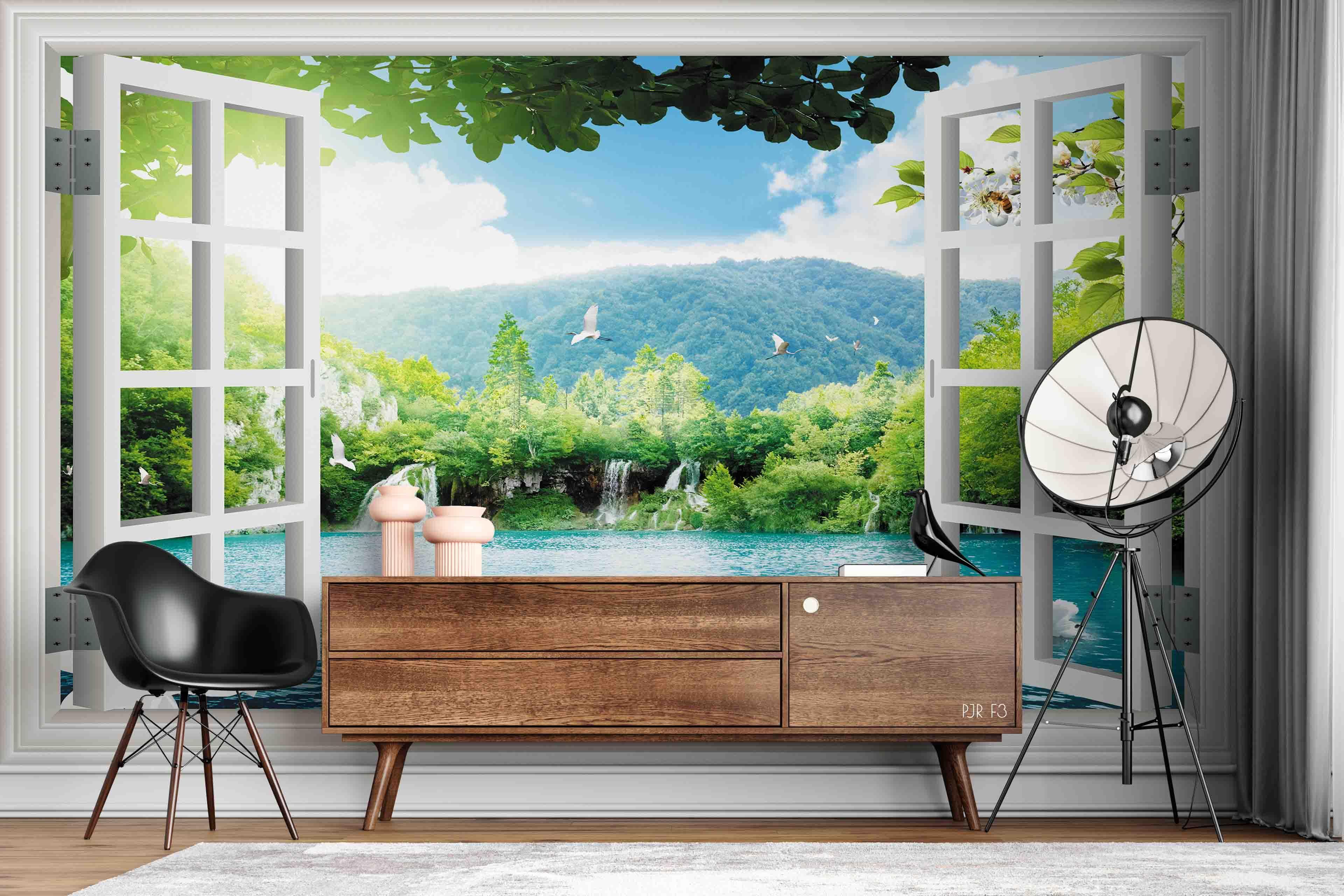 3D Window Green Mountain Plant Tree Scenery Wall Mural Wallpaper LXL- Jess Art Decoration
