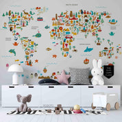 3D Cartoon World Map Animals Wall Mural Wallpaper LQH 200- Jess Art Decoration