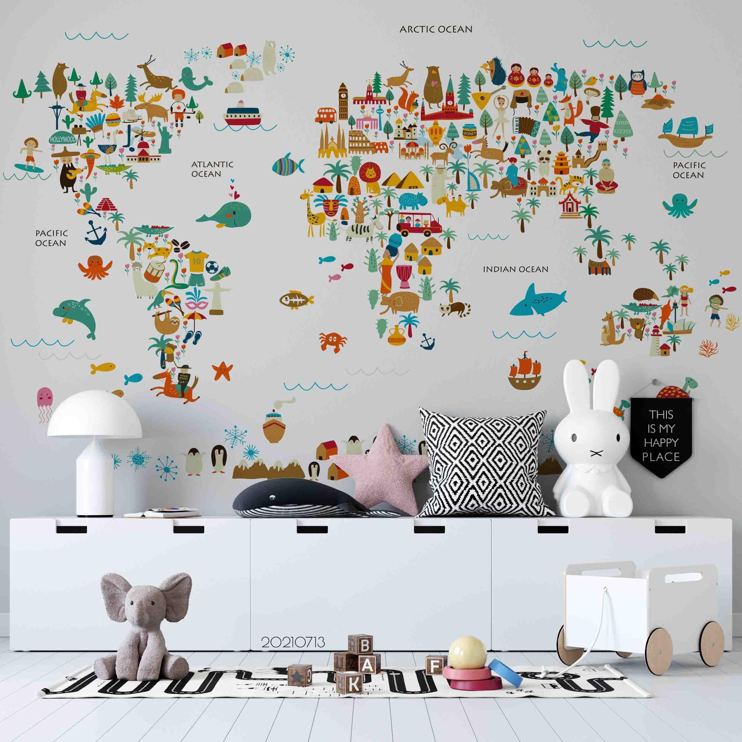 3D Cartoon World Map Animals Wall Mural Wallpaper LQH 200- Jess Art Decoration