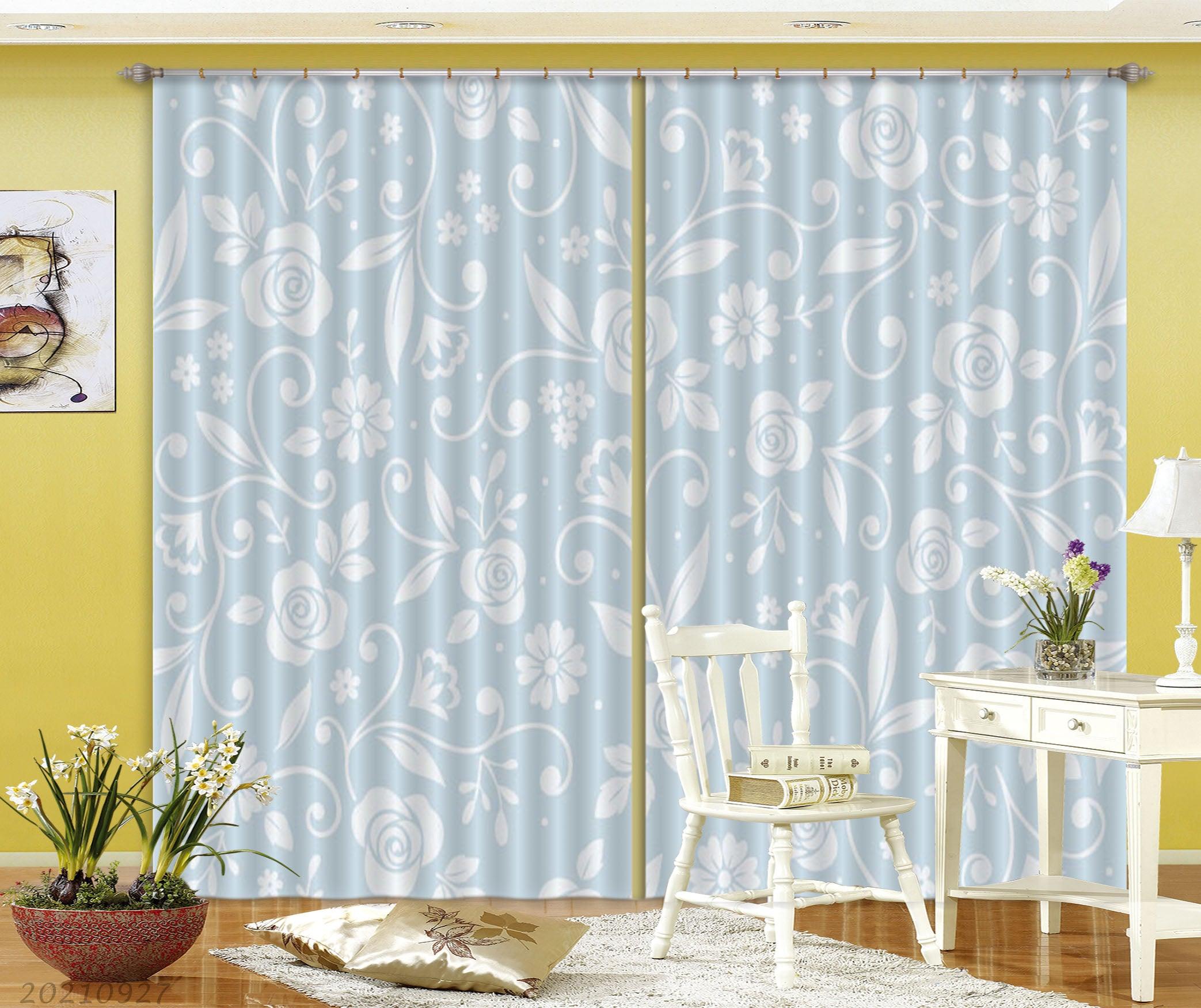 3D Hand Drawn Blue Floral Curtains and Drapes LQH 179- Jess Art Decoration