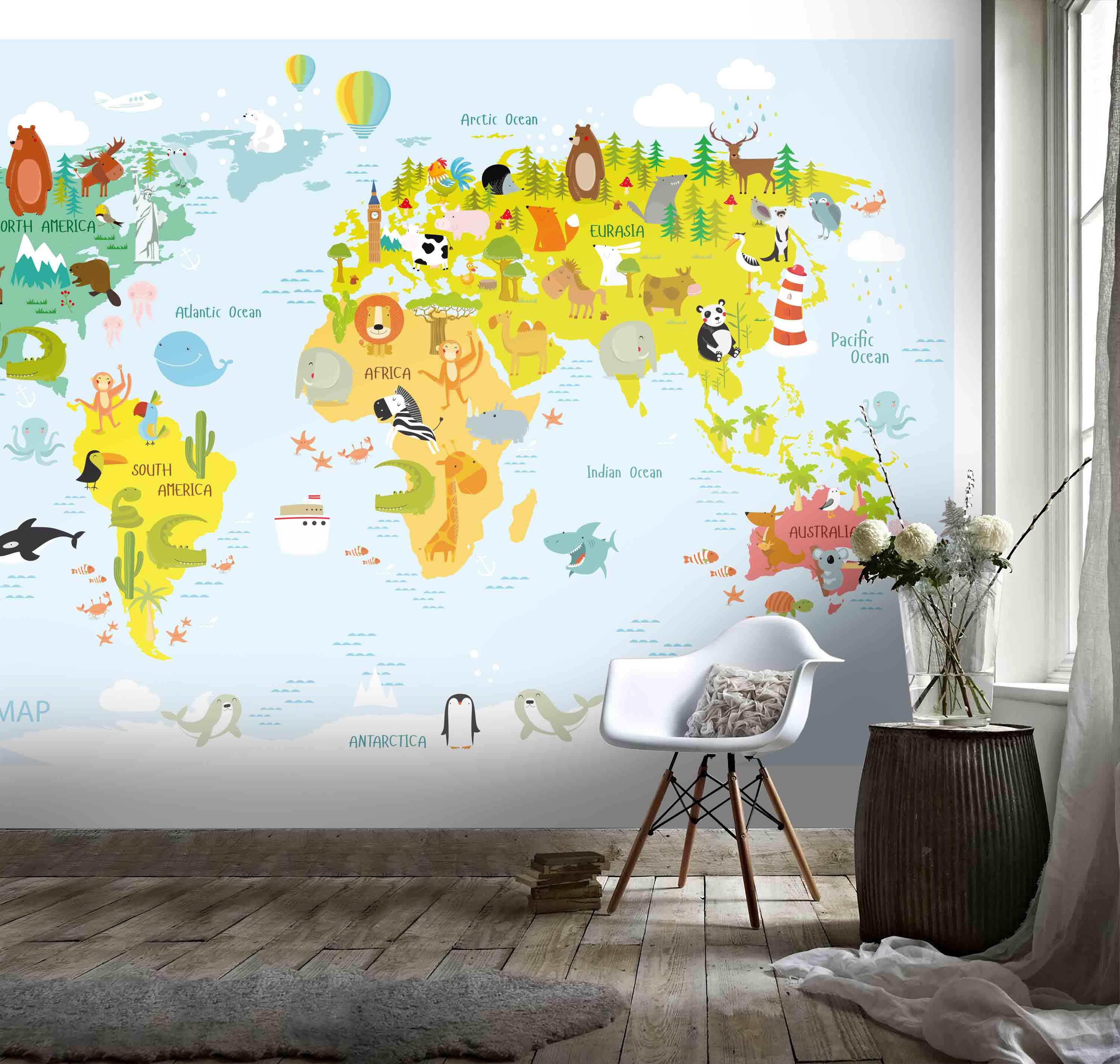 3D World Map Cartoon Animals Light Blue Background  Wall Mural Wallpaper 97- Jess Art Decoration