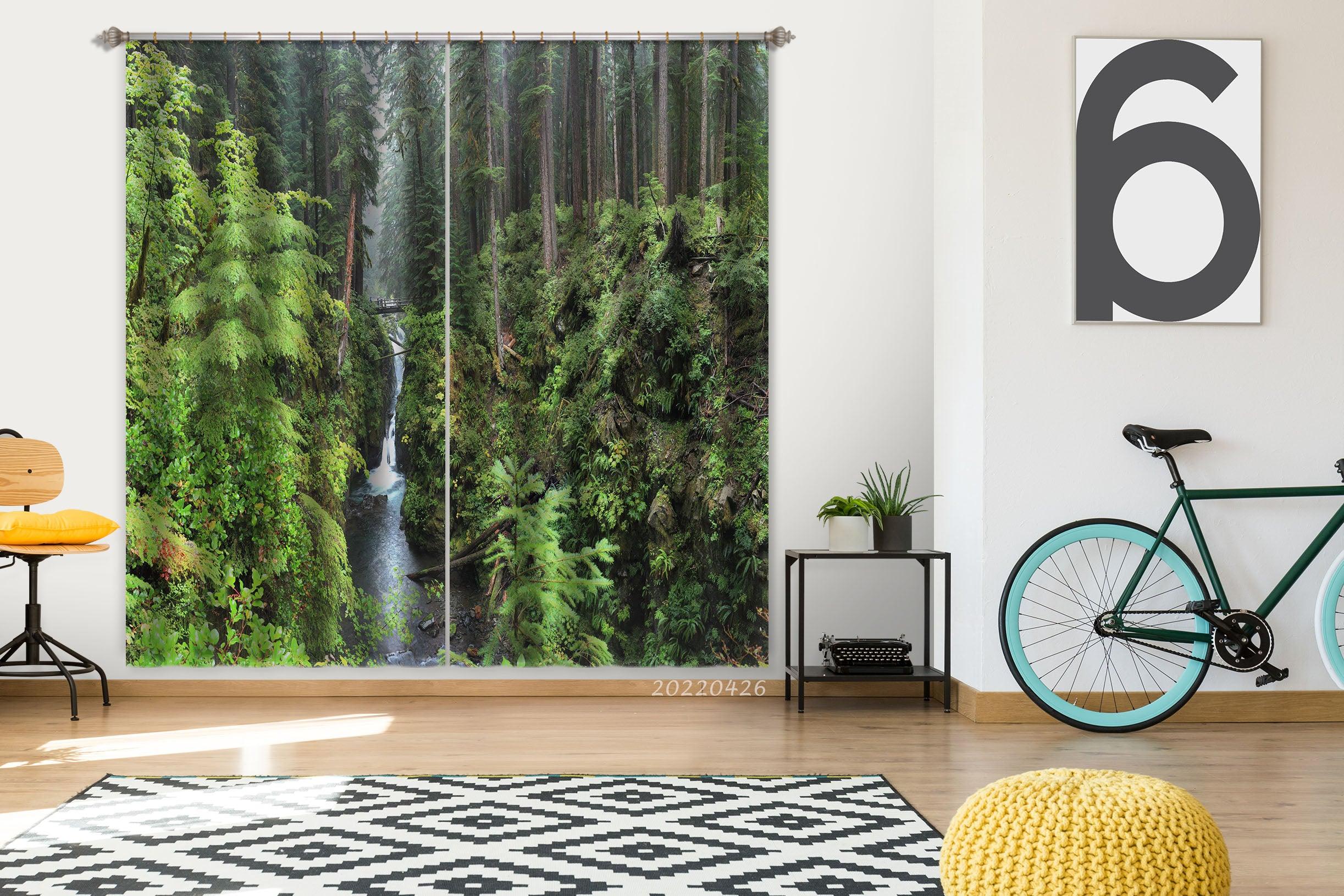 3D Landscape Mountain Forest Waterfall River Bridge Curtains and Drapes GD 4933- Jess Art Decoration