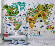 3D Cartoon World Map Animals Wall Mural Wallpaper LQH 168- Jess Art Decoration