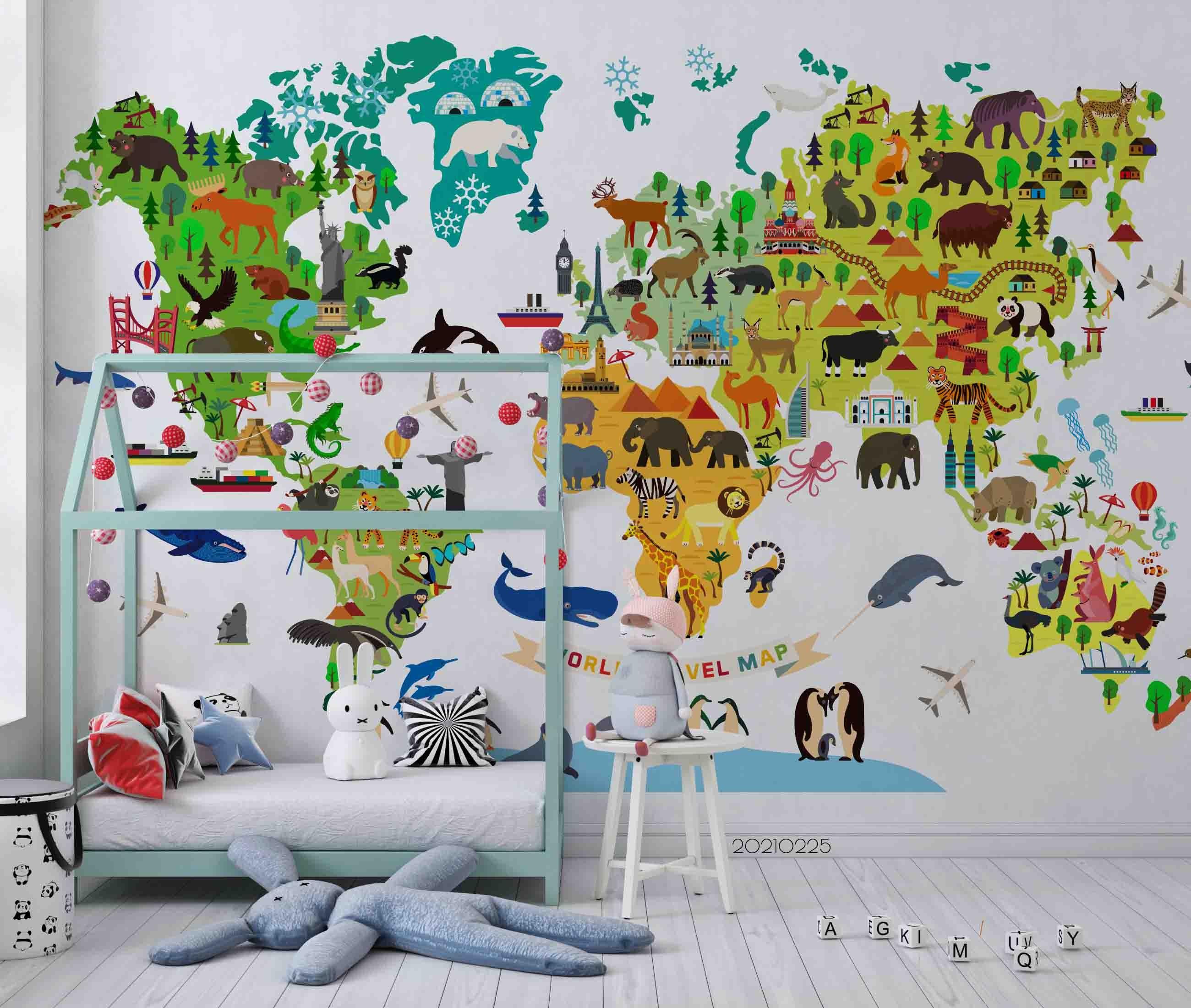 3D Cartoon World Map Animals Wall Mural Wallpaper LQH 168- Jess Art Decoration