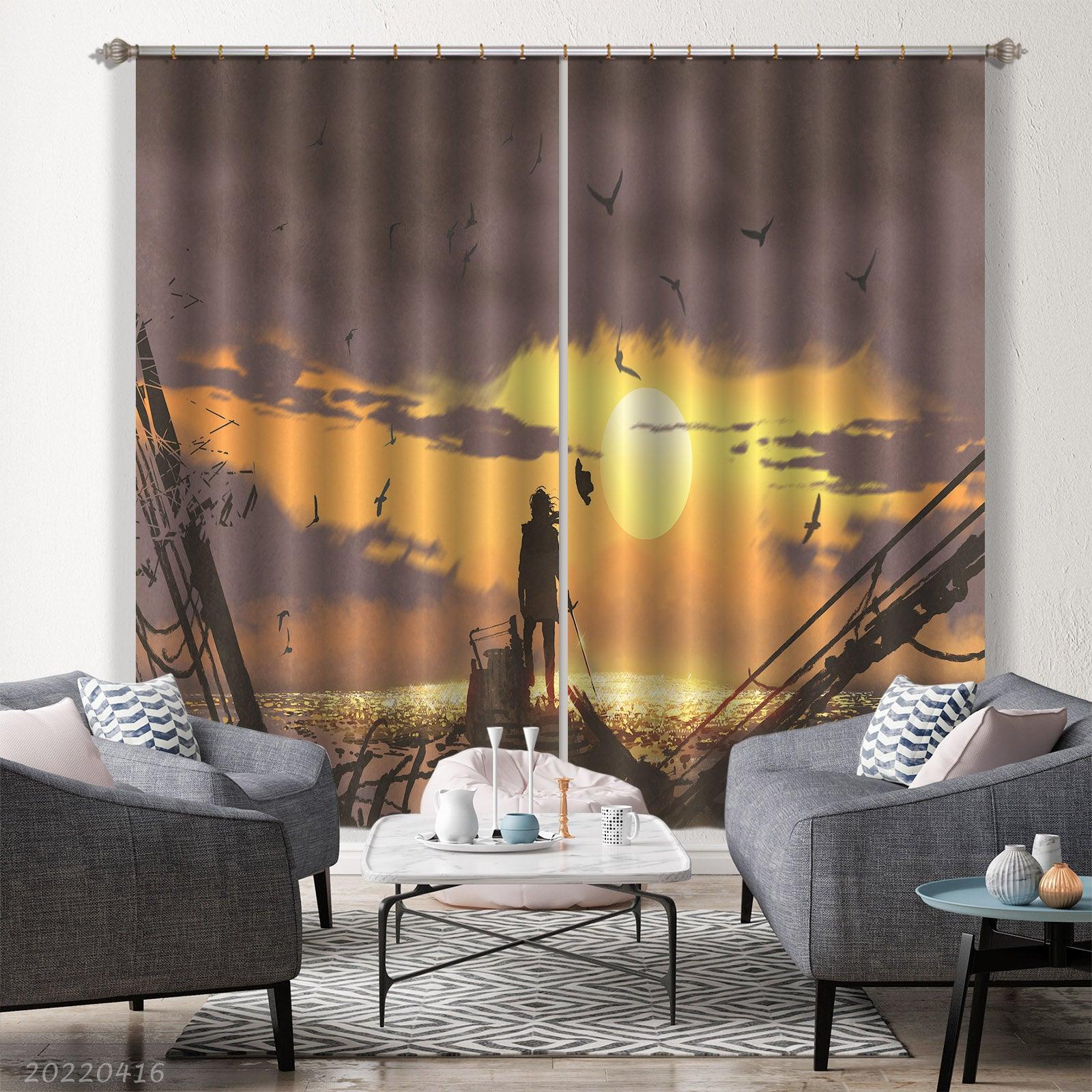 3D Pirate Sword Standing Ruin Ship Golden Treasure Sunset Painting Curtains and Drapes GD 4635- Jess Art Decoration