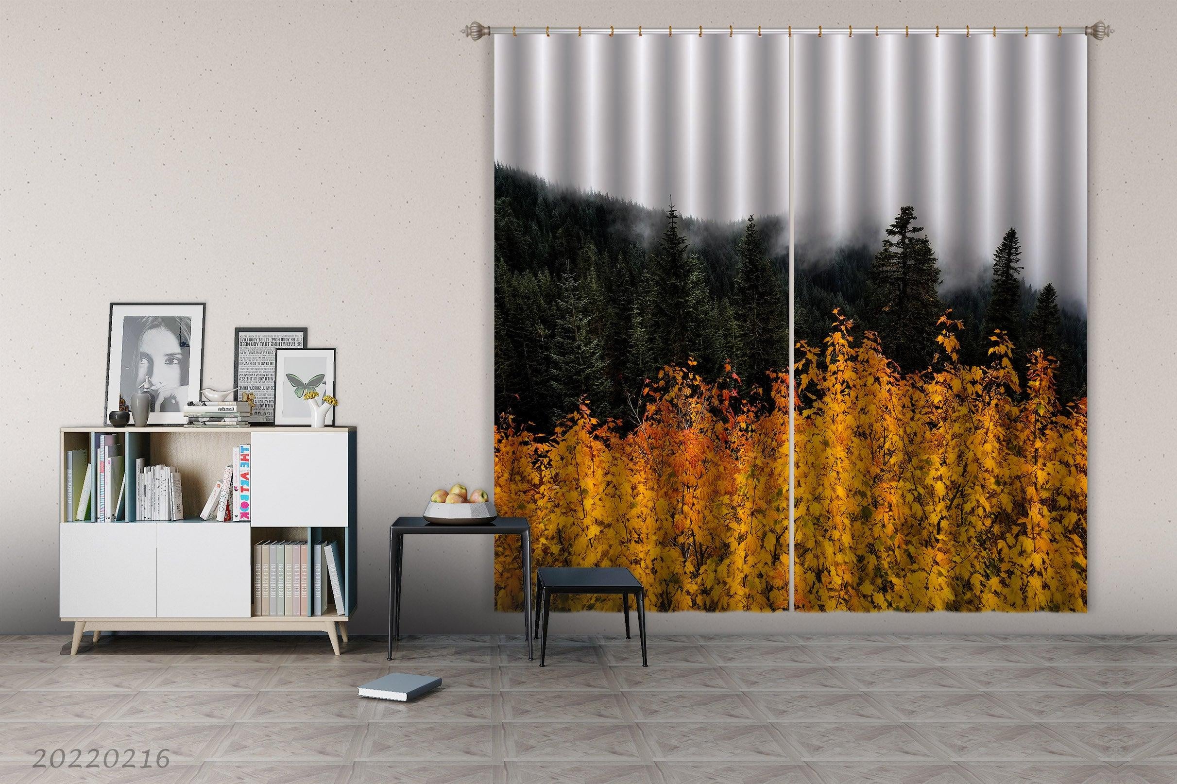 3D Woods Golden Leaf Mist Curtains and Drapes GD 2246- Jess Art Decoration