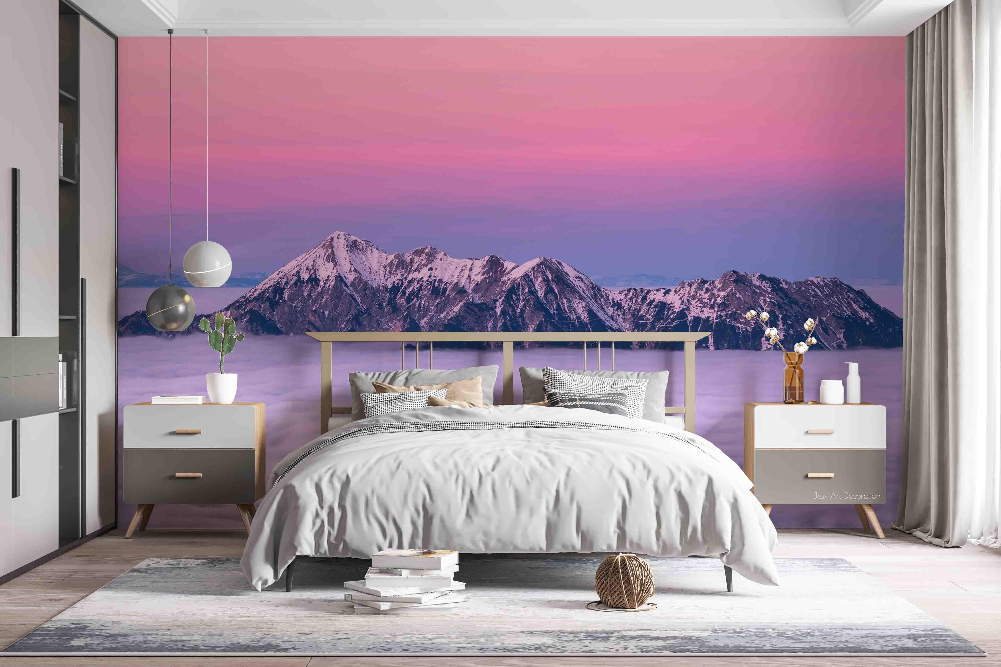 3D Clouds Mountain Top Pink Sky Wall Mural Wallpaper GD 2178- Jess Art Decoration