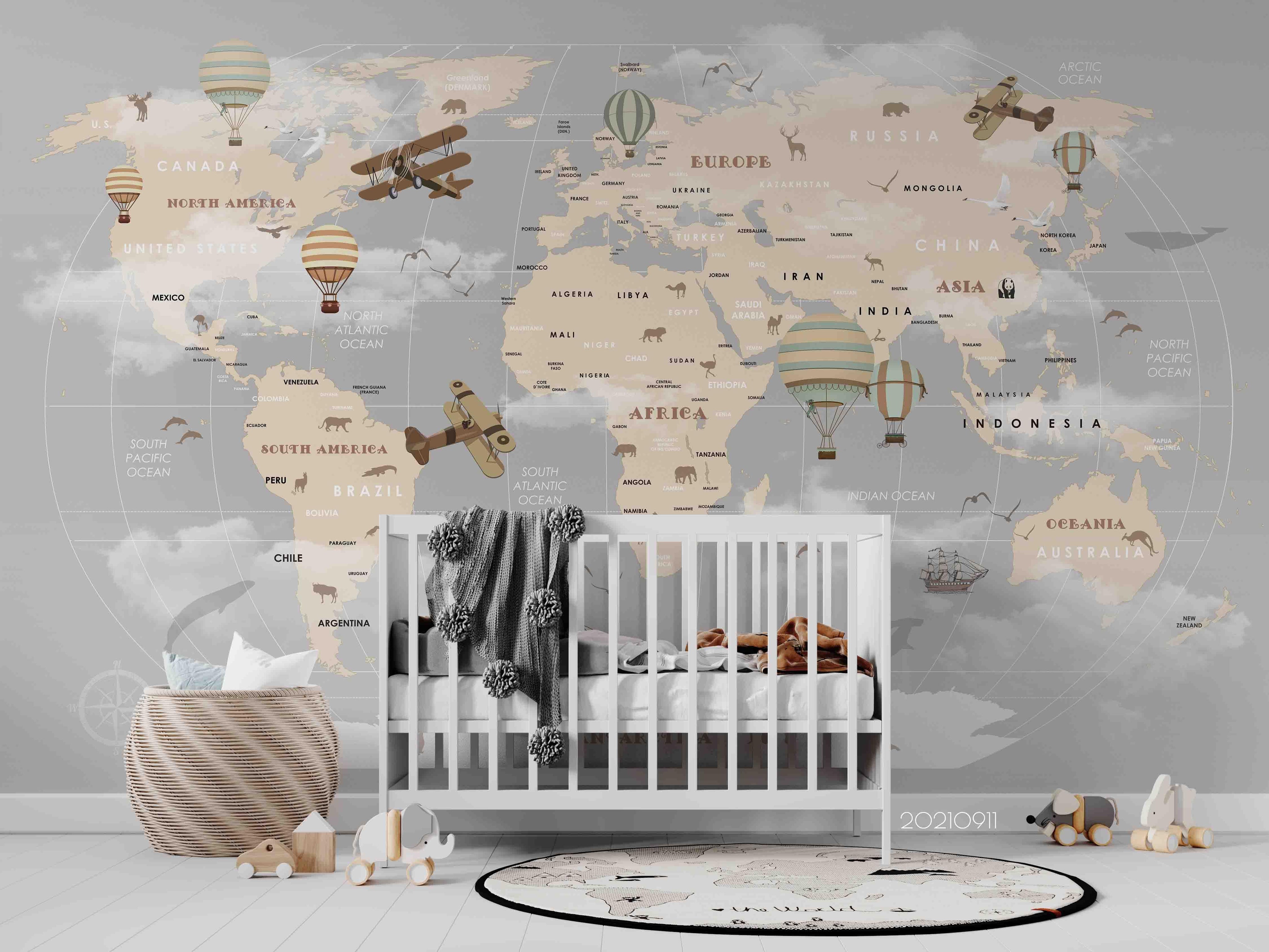 3D Gray World Map Airplane Kids Wall Mural Wallpaper LQH 734- Jess Art Decoration
