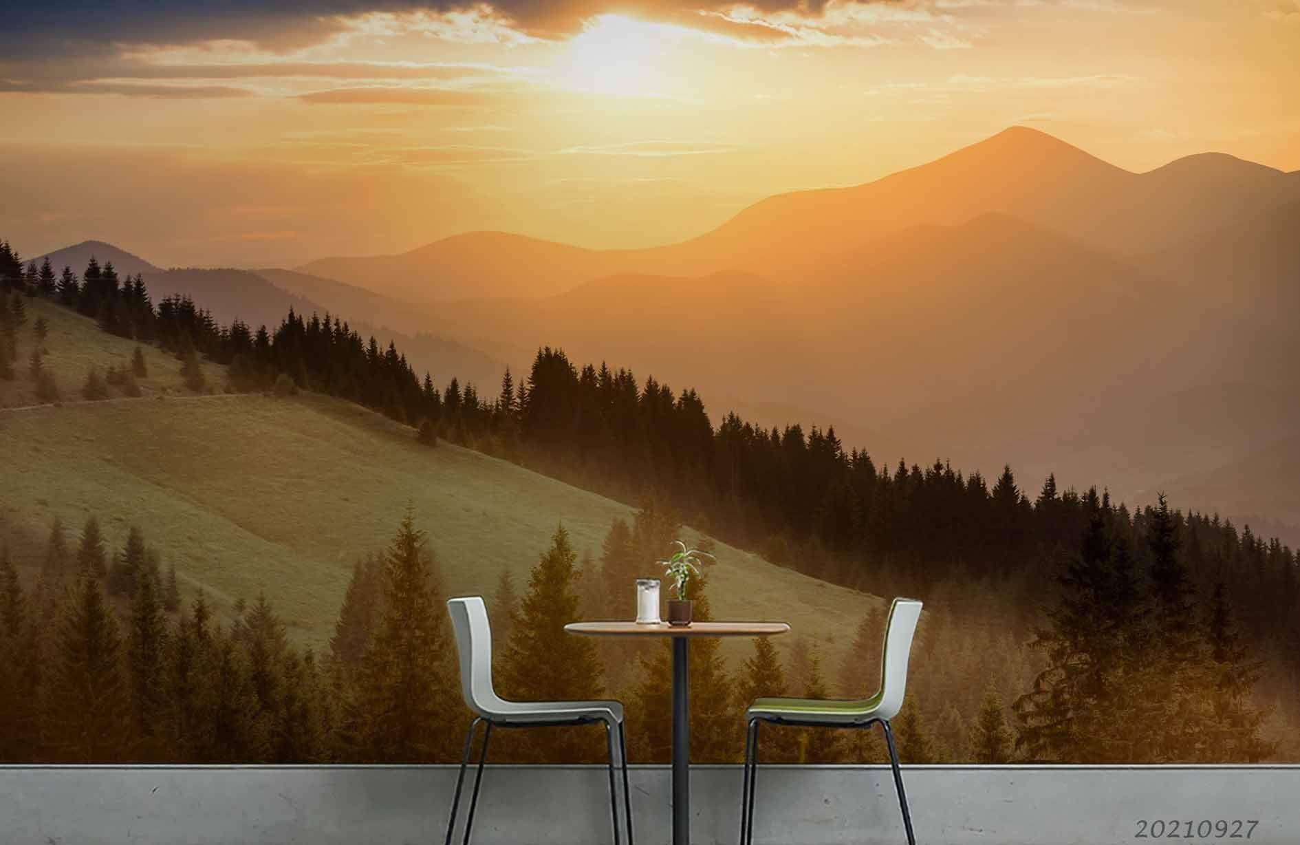 3D Sunset Sky Mountain Forest Landscape Wall Mural Wallpaper LQH 58- Jess Art Decoration