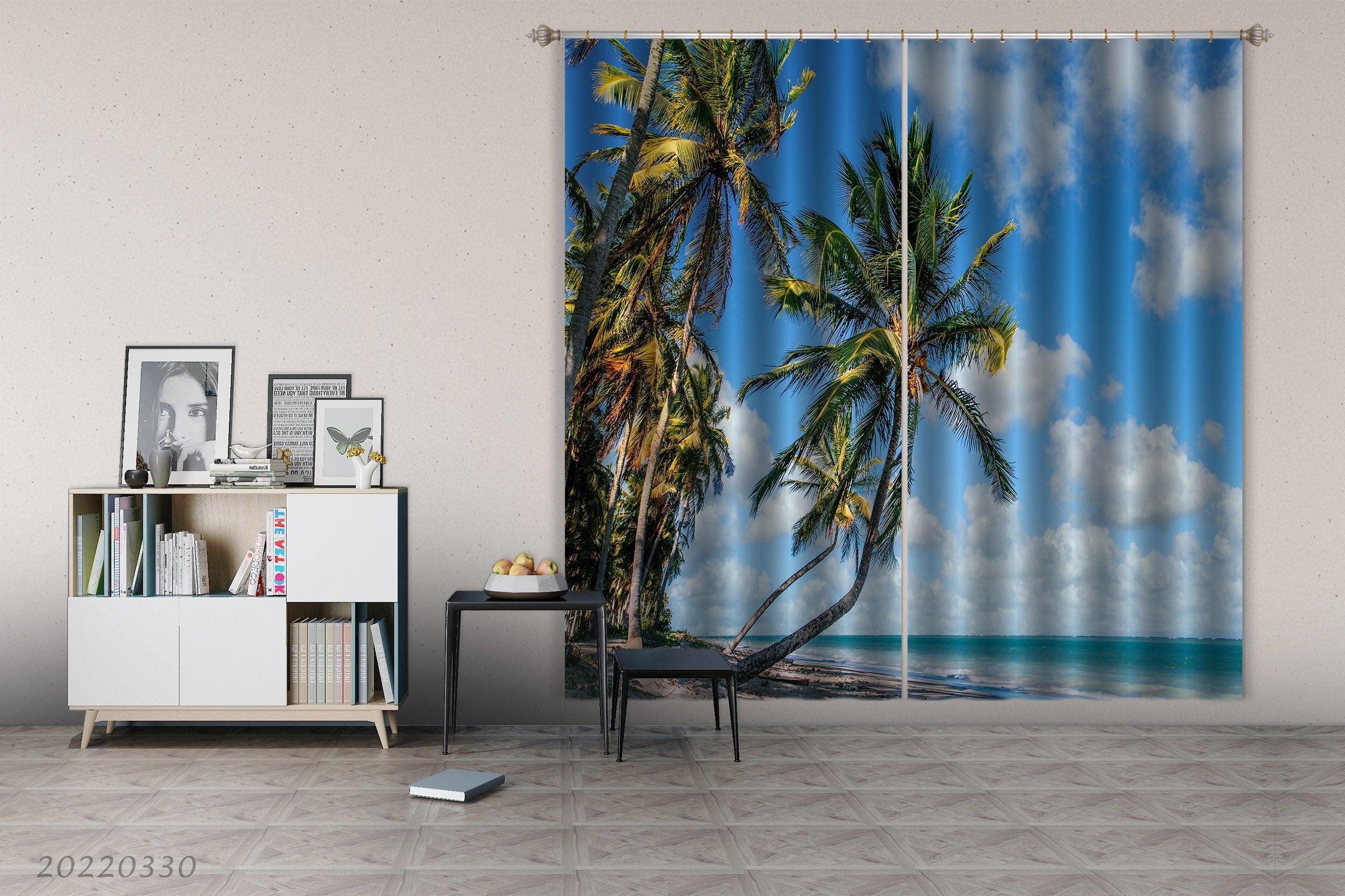 3D Tropical Coconut Tree Coastal Cloud Blue Sky Curtains and Drapes GD 3709- Jess Art Decoration