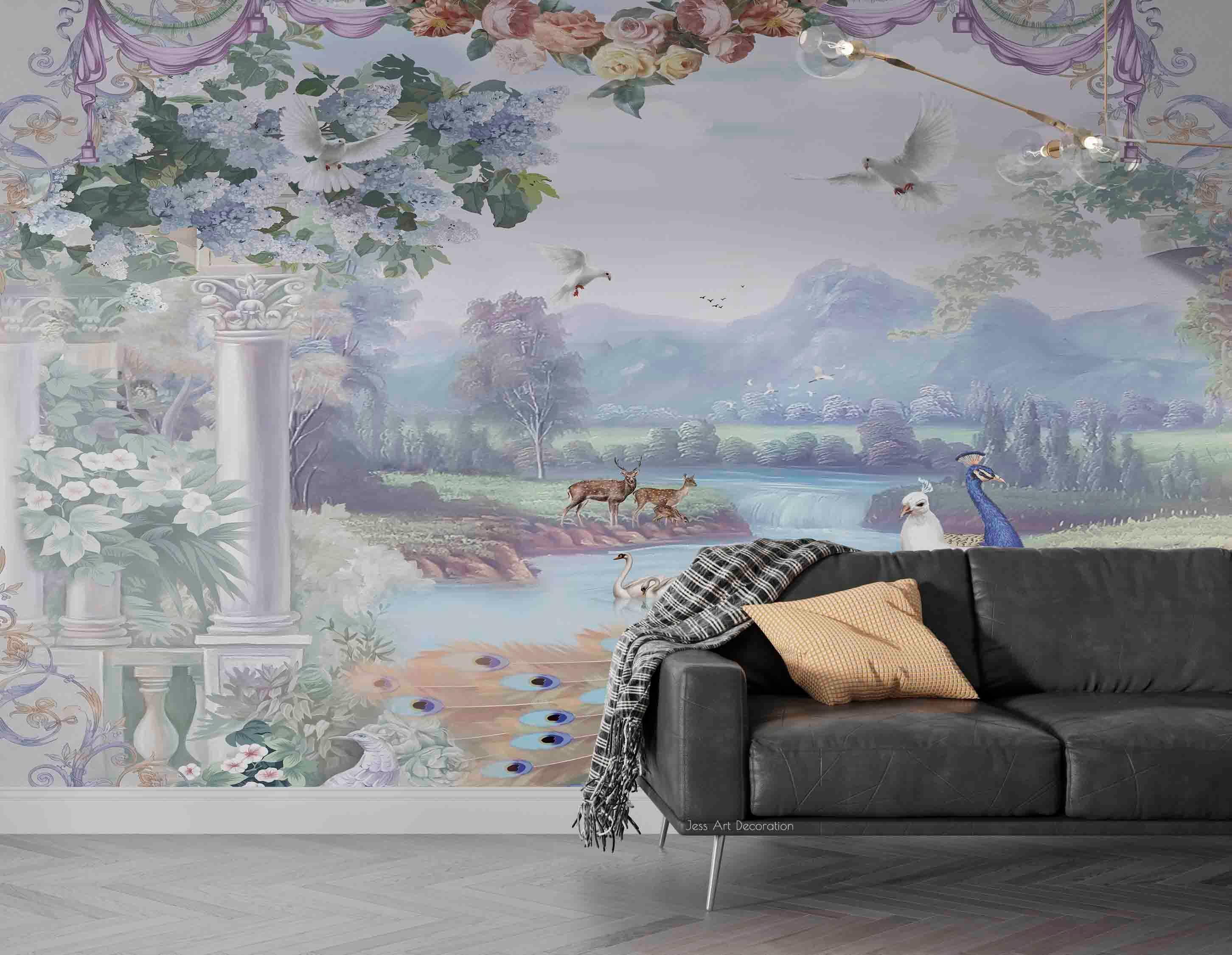 3D Peacock Elk River Mountain Landscape Wall Mural Wallpaper GD 3065- Jess Art Decoration