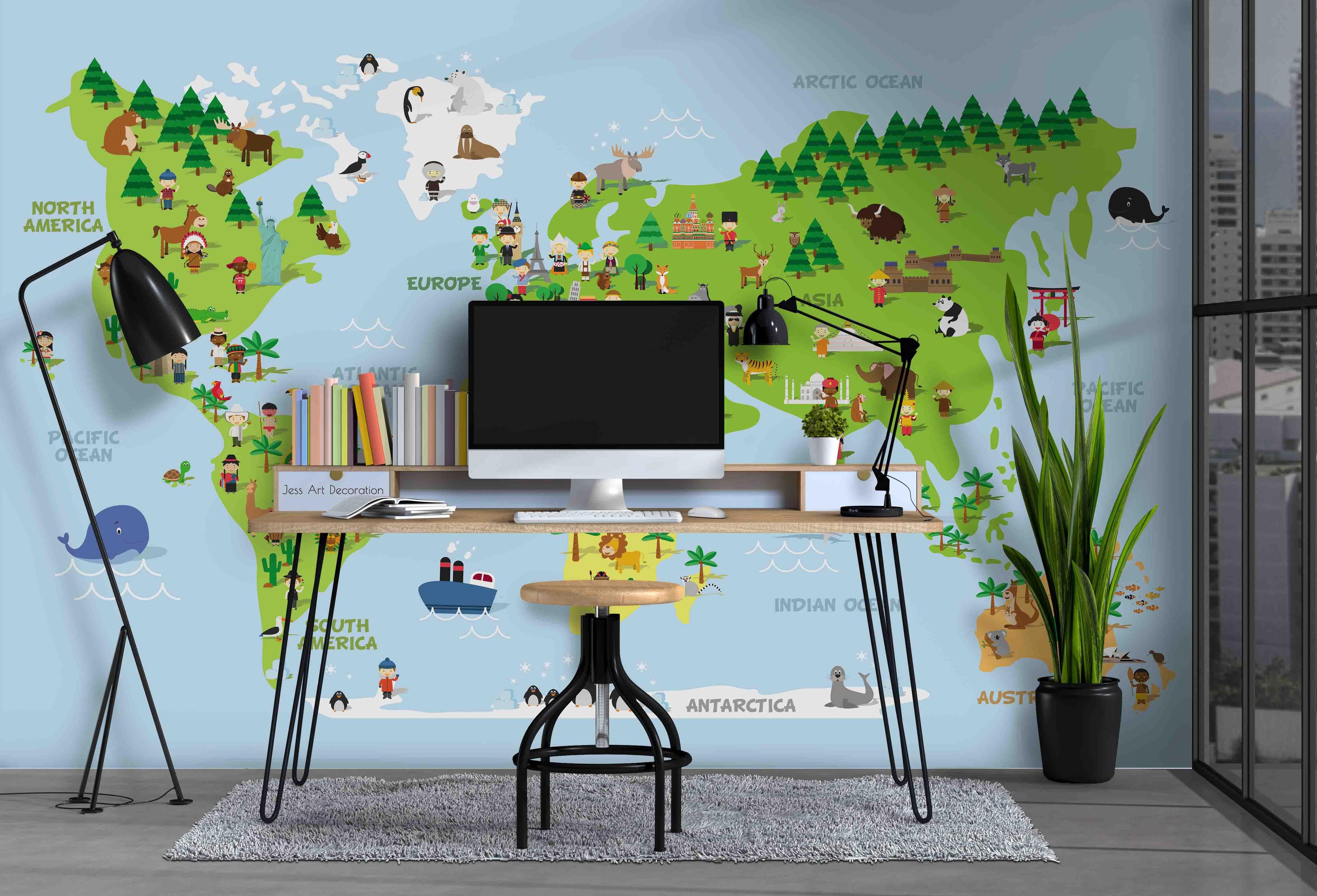 3D World Map People Clothing Plants Animals Wall Mural Wallpaper GD 2560- Jess Art Decoration
