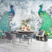 3D Hand Drawn Retro Nostalgic Blue Green Peacock Flower Butterfly Background Wall Mural Wallpaper GD 1894- Jess Art Decoration